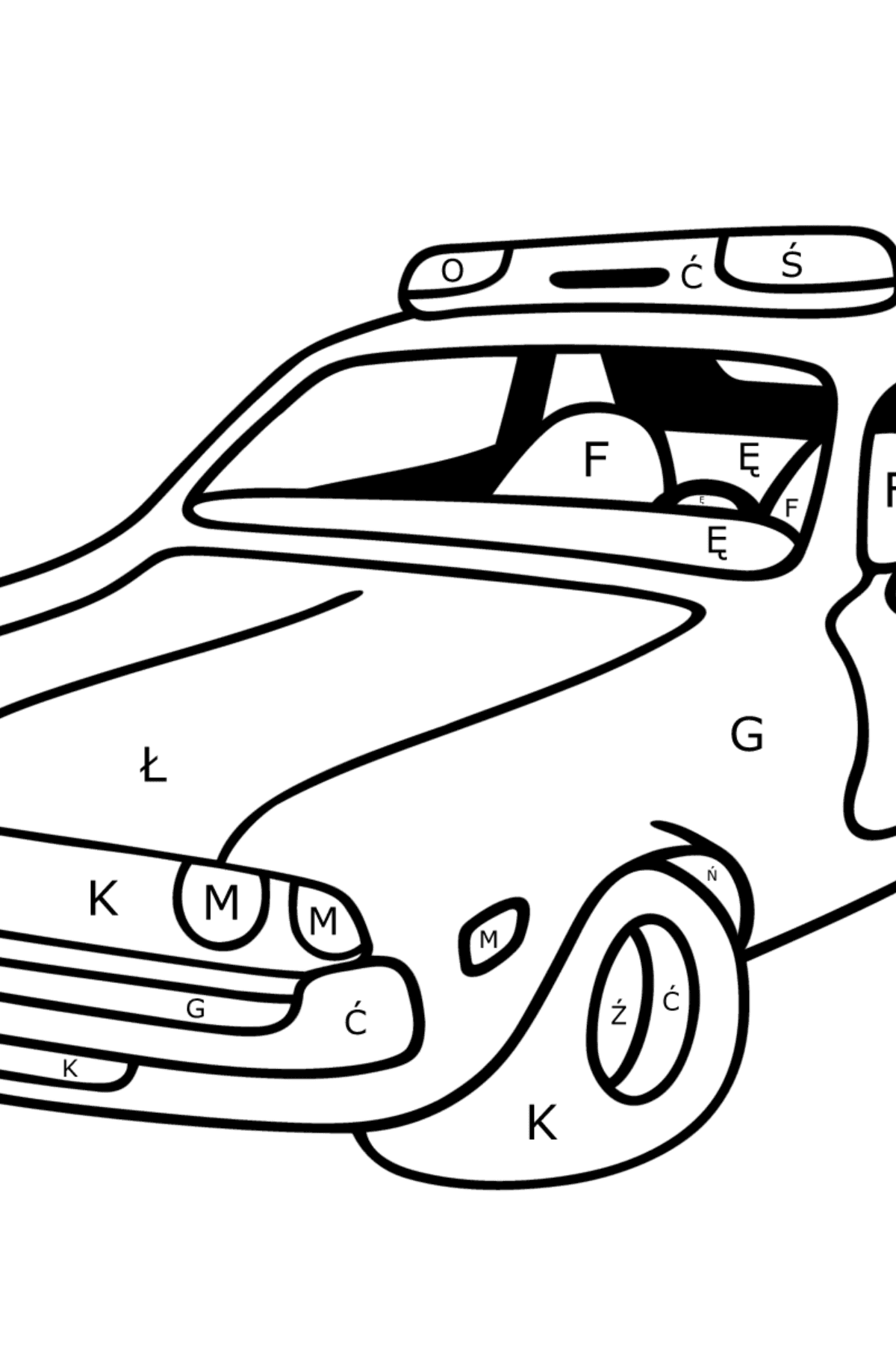 Kolorowanka - czerwono-biały samochód policyjny - Kolorowanki wedlug liter dla dzieci