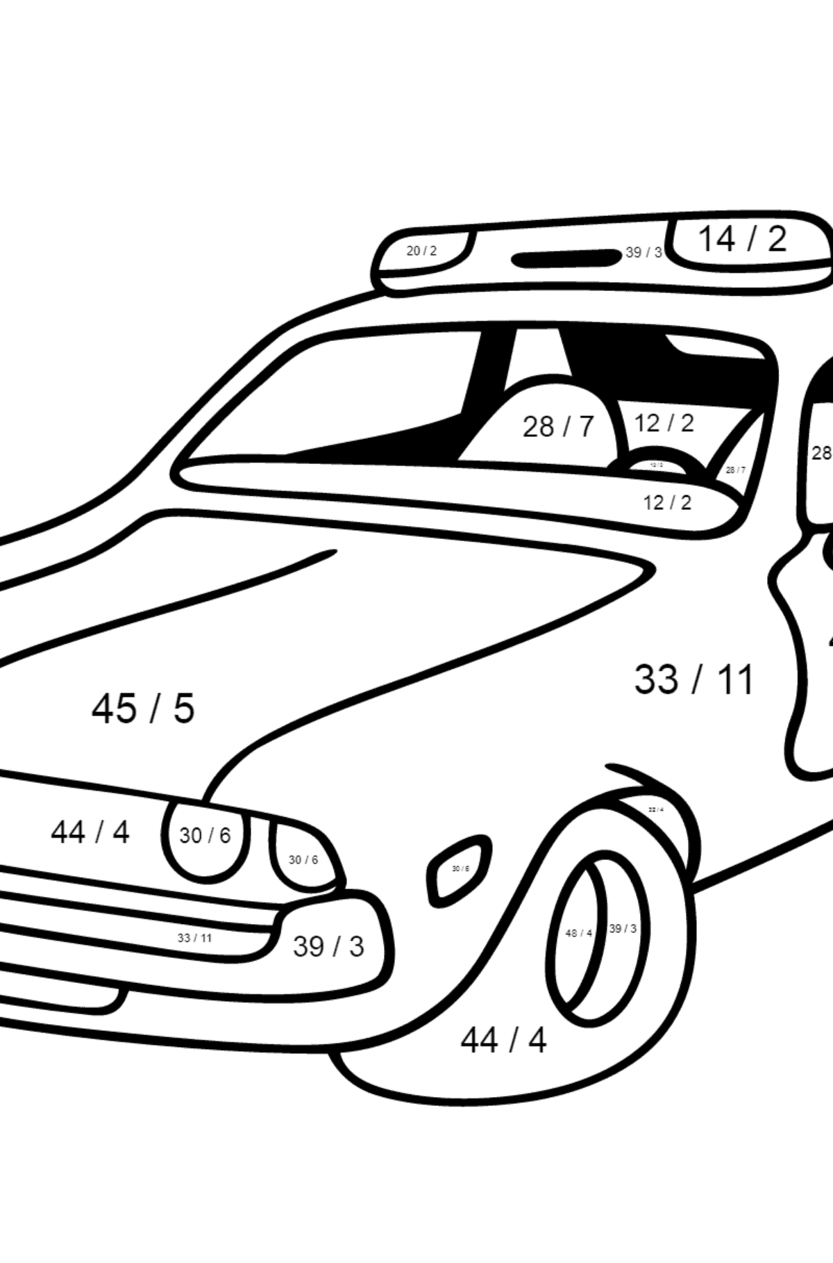 Kolorowanka - czerwono-biały samochód policyjny - Kolorowanki matematyczne dzielenie dla dzieci