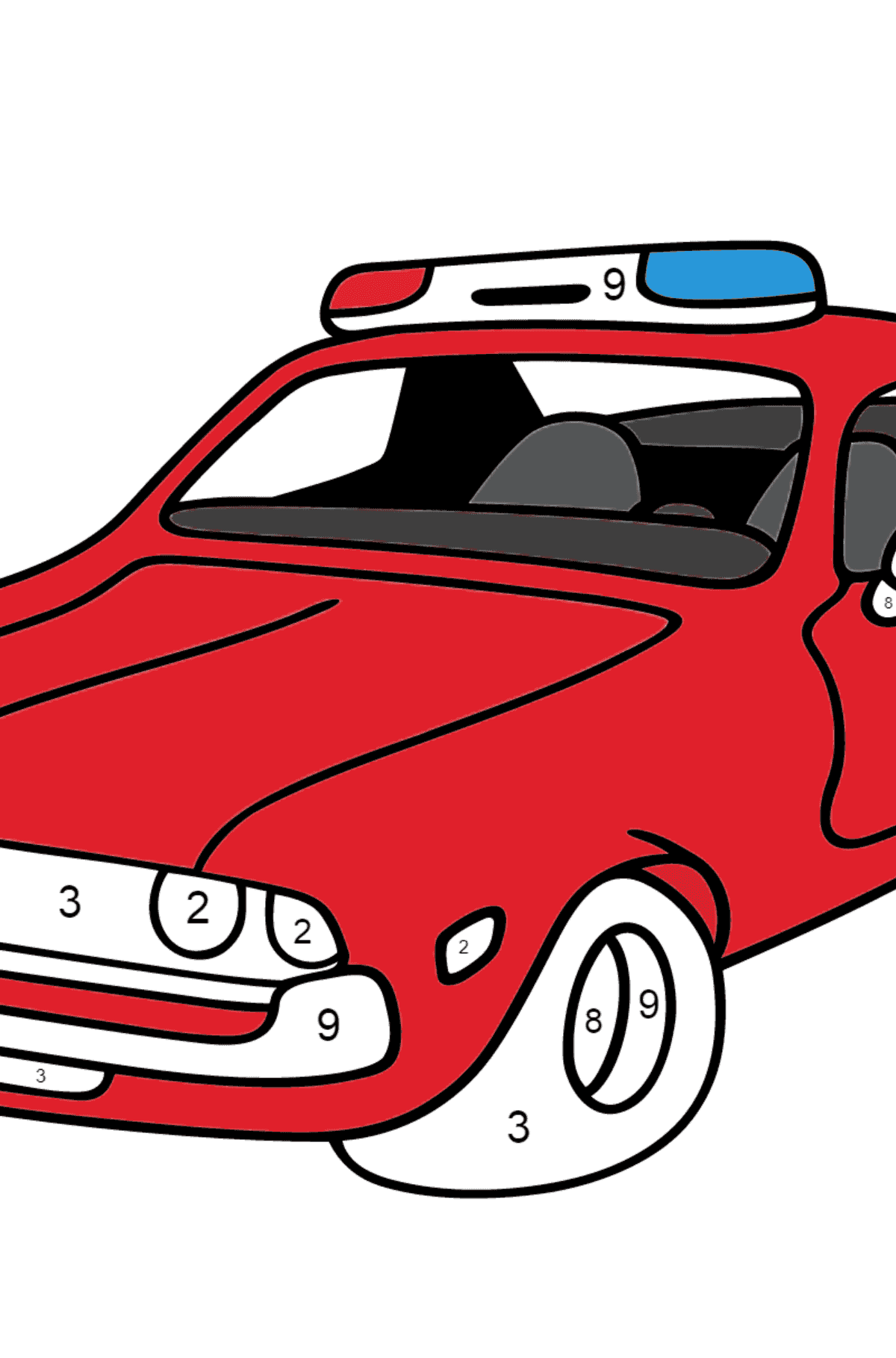 Coloring Page - A Red Police Car for Kids  - Color by Number
