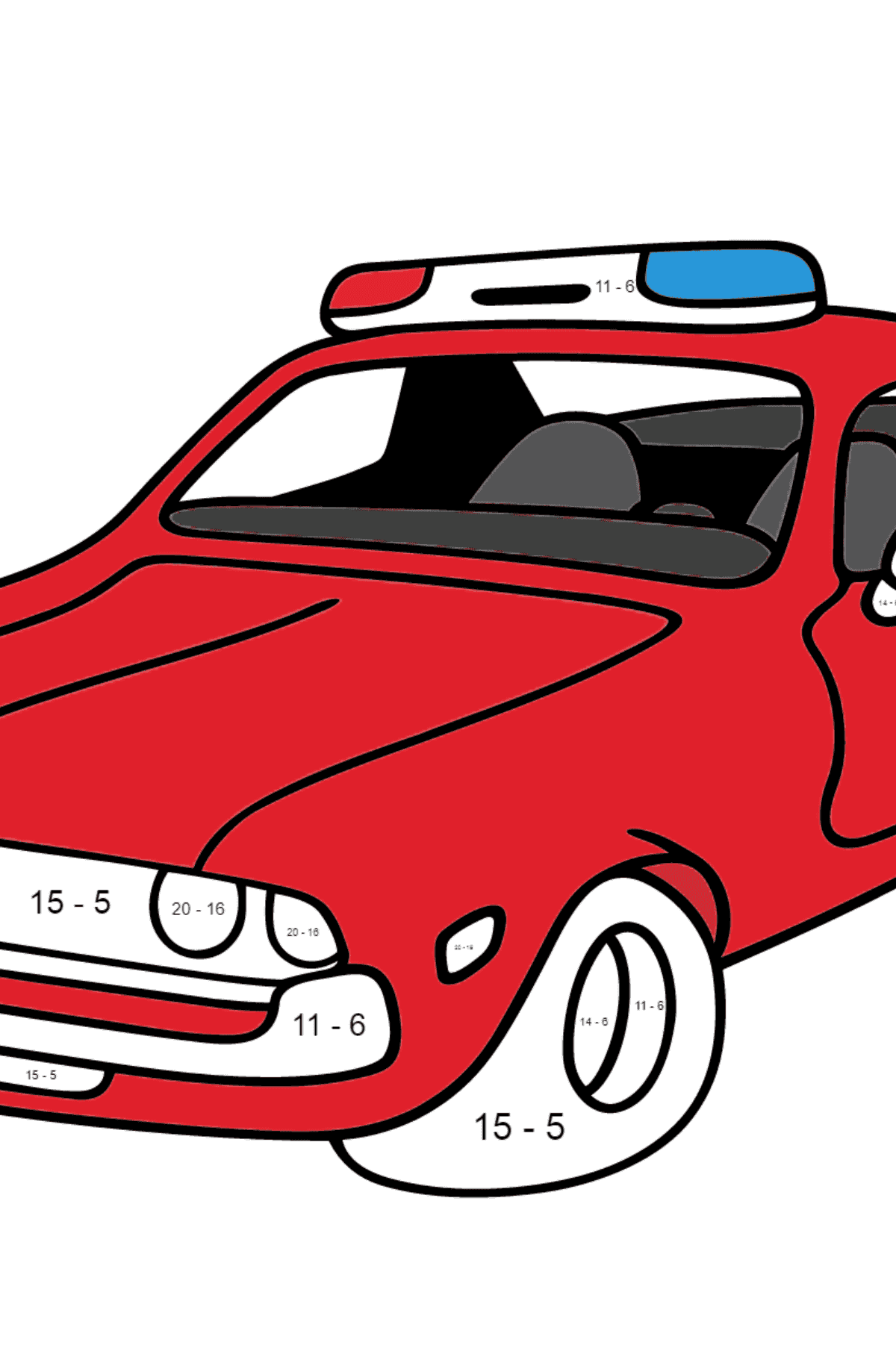 Ausmalbild - Ein rotes Polizeiauto - Mathe Ausmalbilder - Subtraktion für Kinder