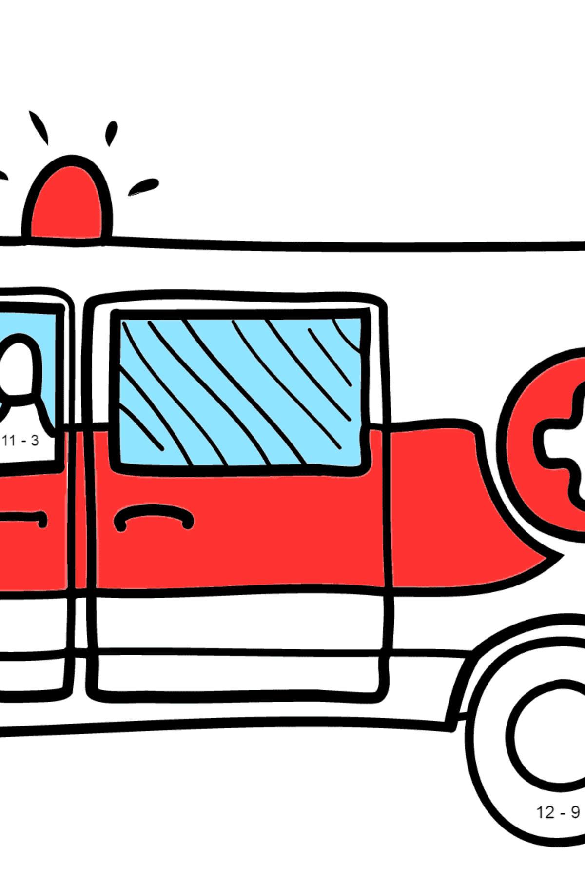 Krankenwagen Ausmalbild - Mathe Ausmalbilder - Subtraktion für Kinder