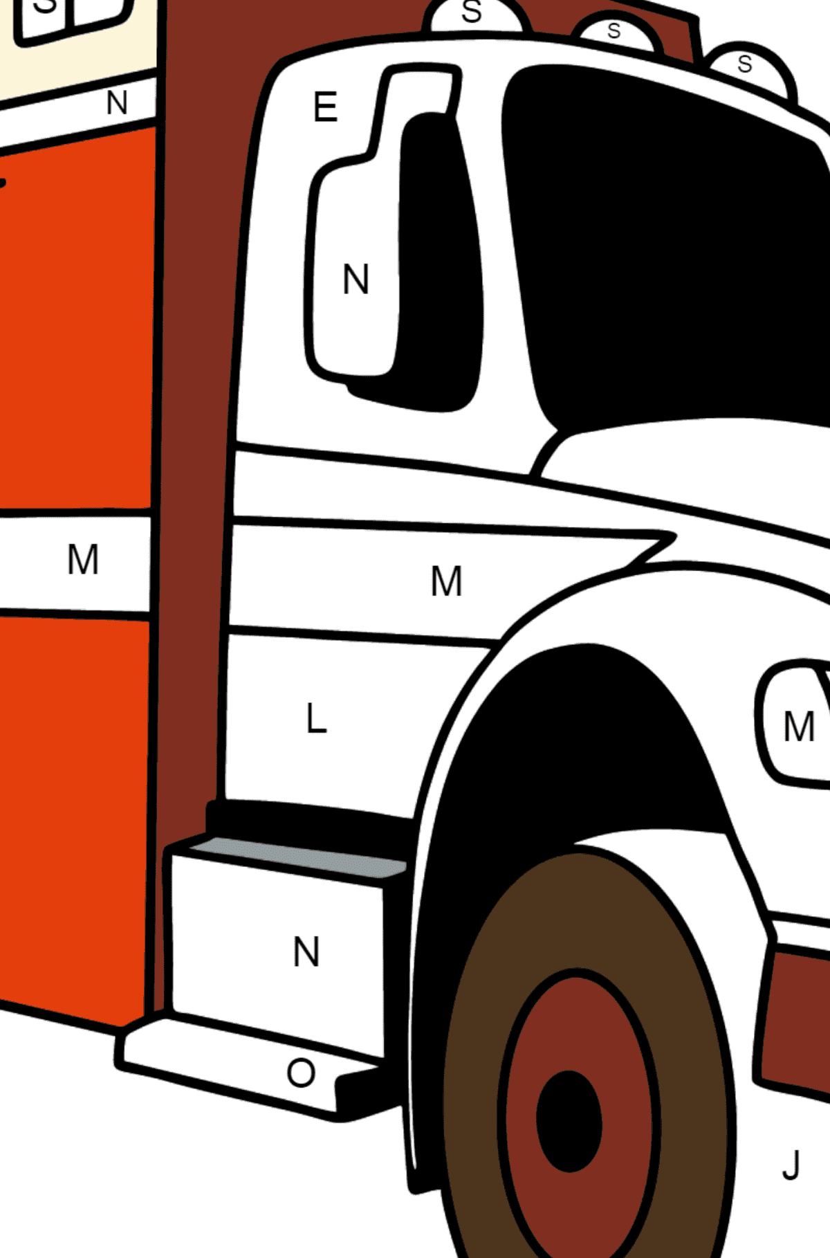 Coloriage - Camion de pompiers en Argentine - Coloriage par Lettres pour les Enfants