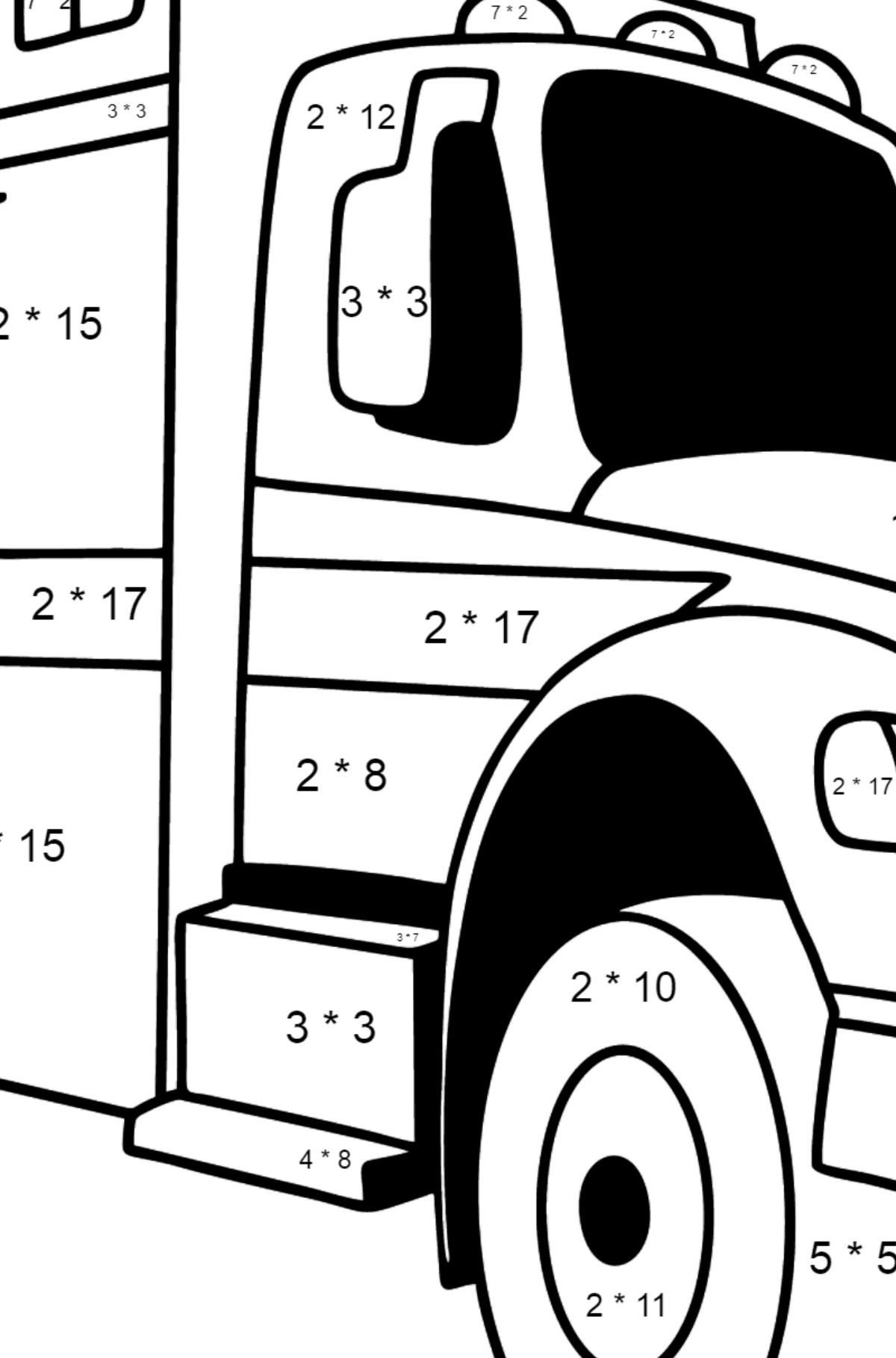Dibujo de Camión de Bomberos en Argentina para colorear - Colorear con Matemáticas - Multiplicaciones para Niños