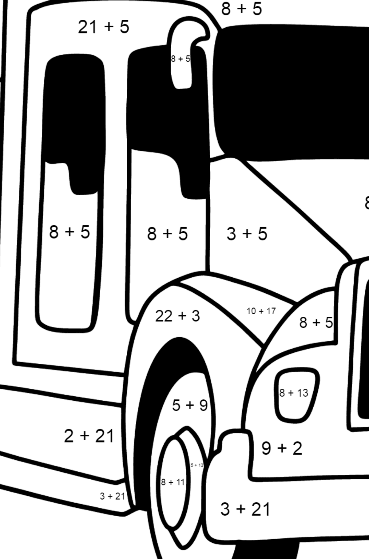 Розмальовка Пожежна машина США - Математична Розмальовка Додавання для дітей