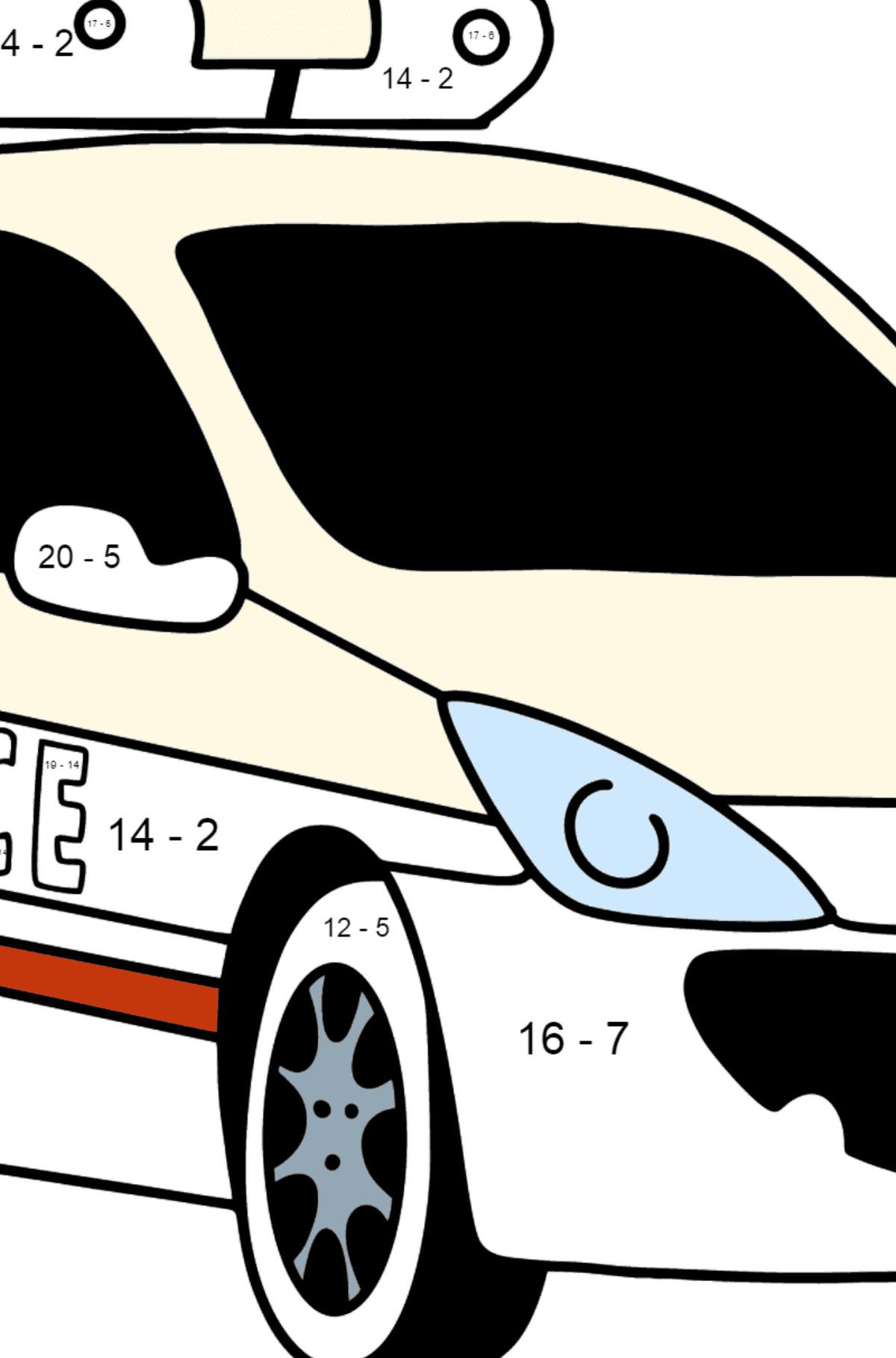 Polizeiauto in Frankreich Ausmalbild - Mathe Ausmalbilder - Subtraktion für Kinder