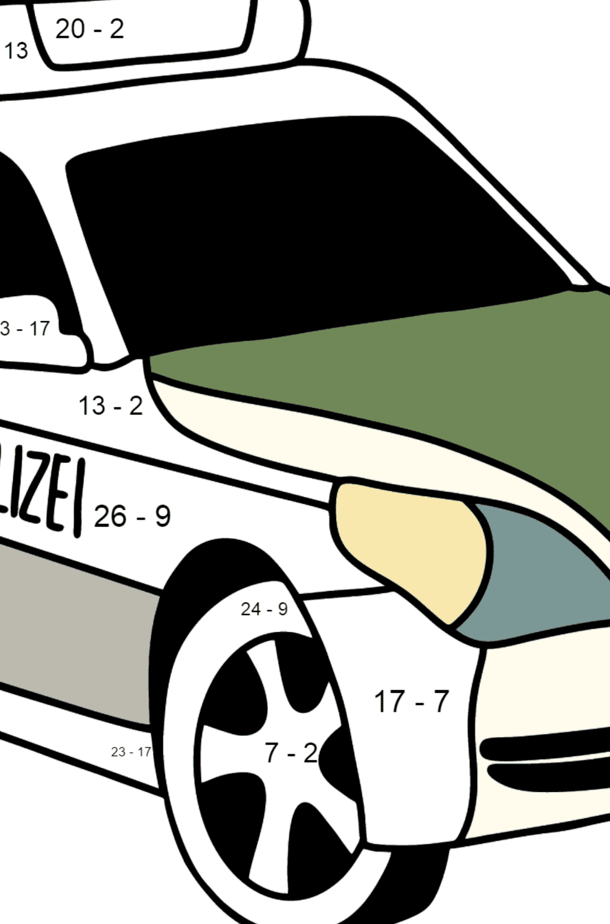 Polizeiauto in Deutschland Ausmalbild - Mathe Ausmalbilder - Subtraktion für Kinder