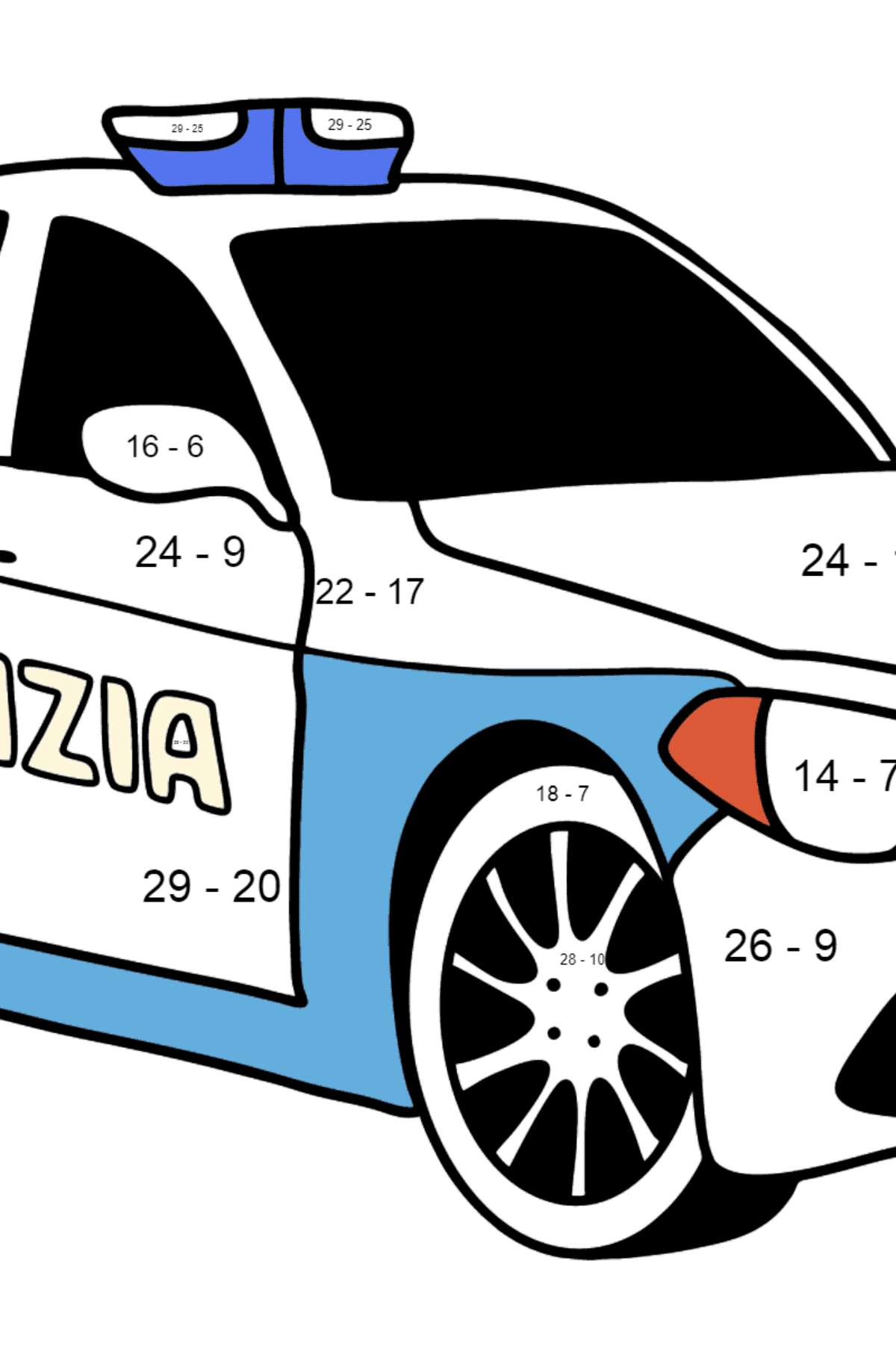 Polizeiauto in Italien Ausmalbild - Mathe Ausmalbilder - Subtraktion für Kinder