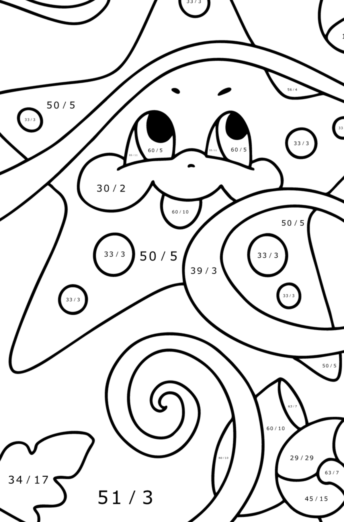 Disegno di Piccola stella marina da colorare - Colorazione matematica - Divisione per bambini