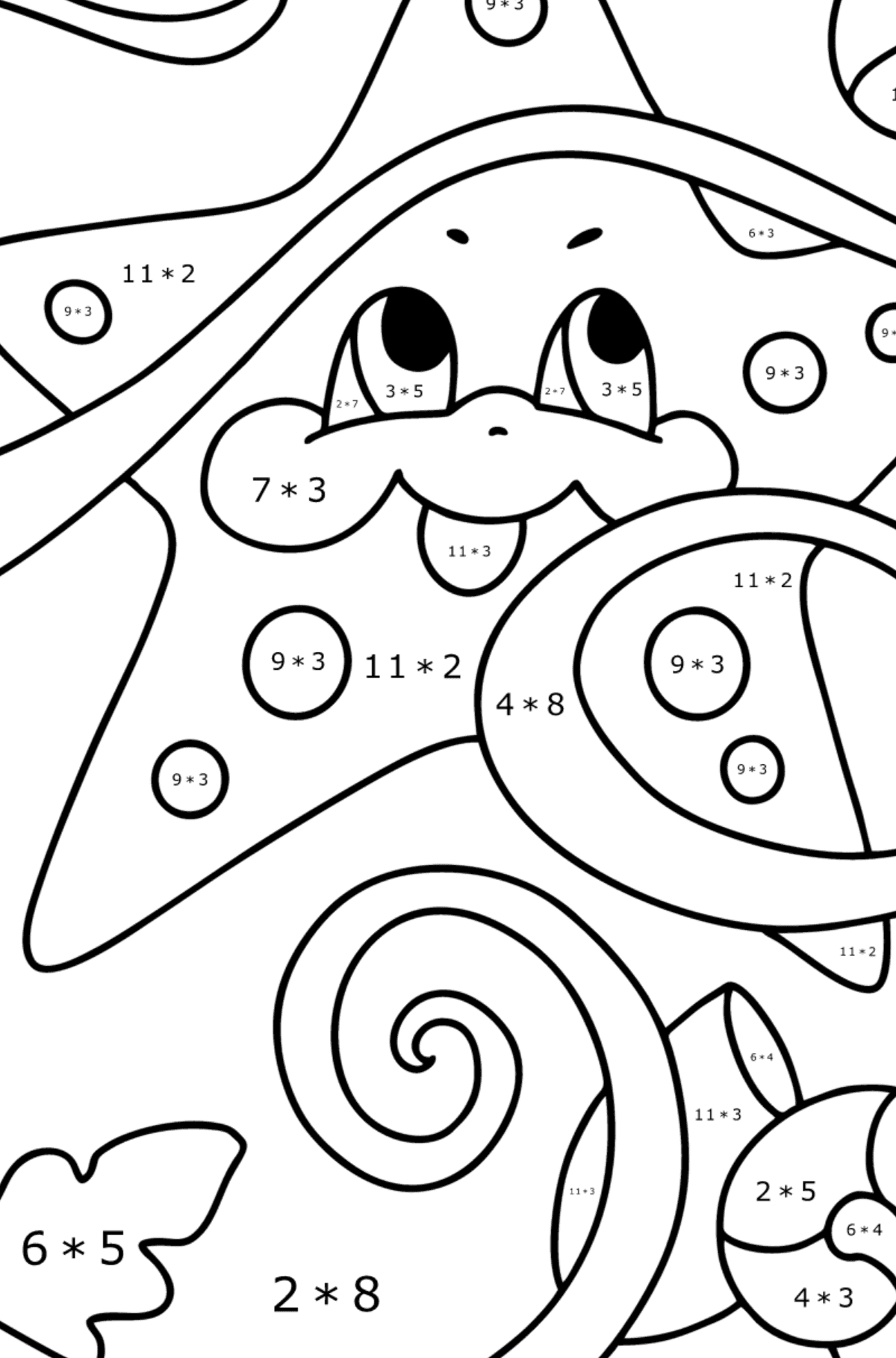 Disegno di Piccola stella marina da colorare - Colorazione matematica - Moltiplicazione per bambini