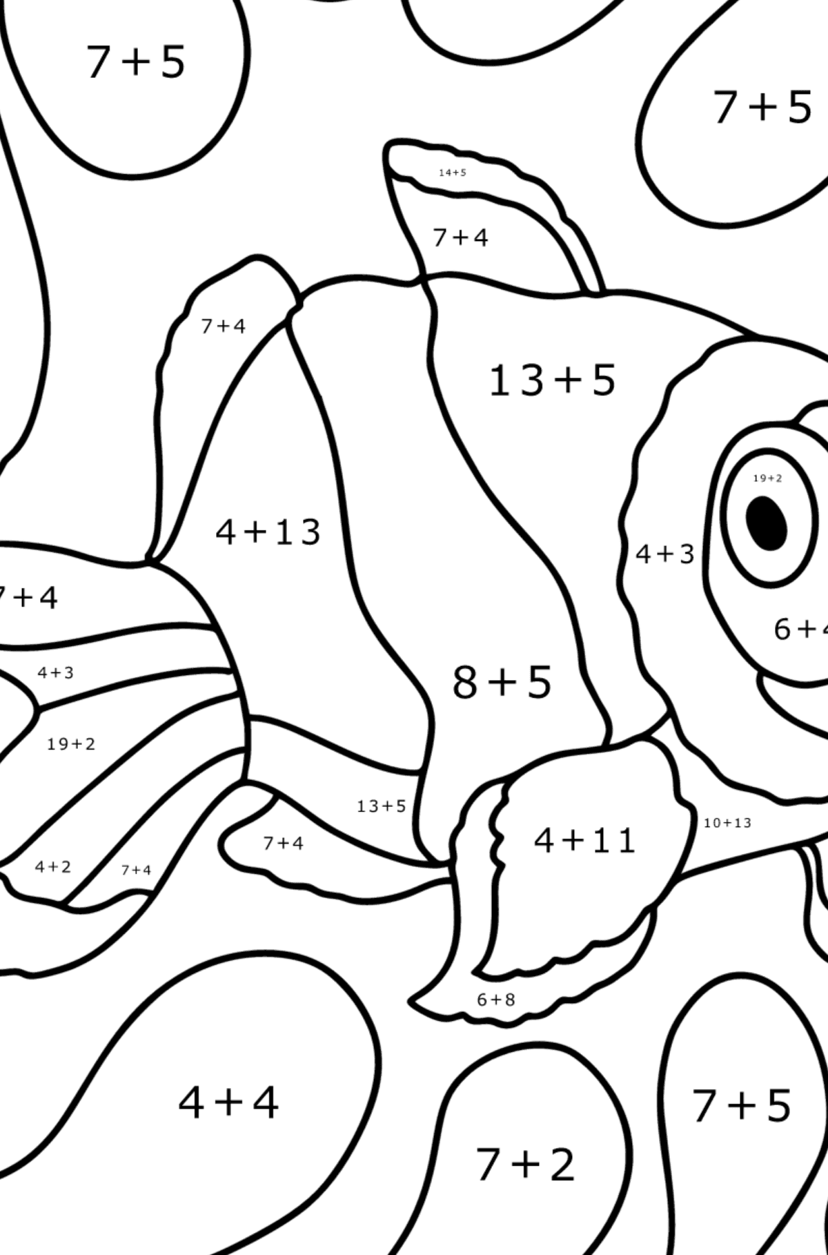 Ausmalbild Clownfisch - Mathe Ausmalbilder - Addition für Kinder