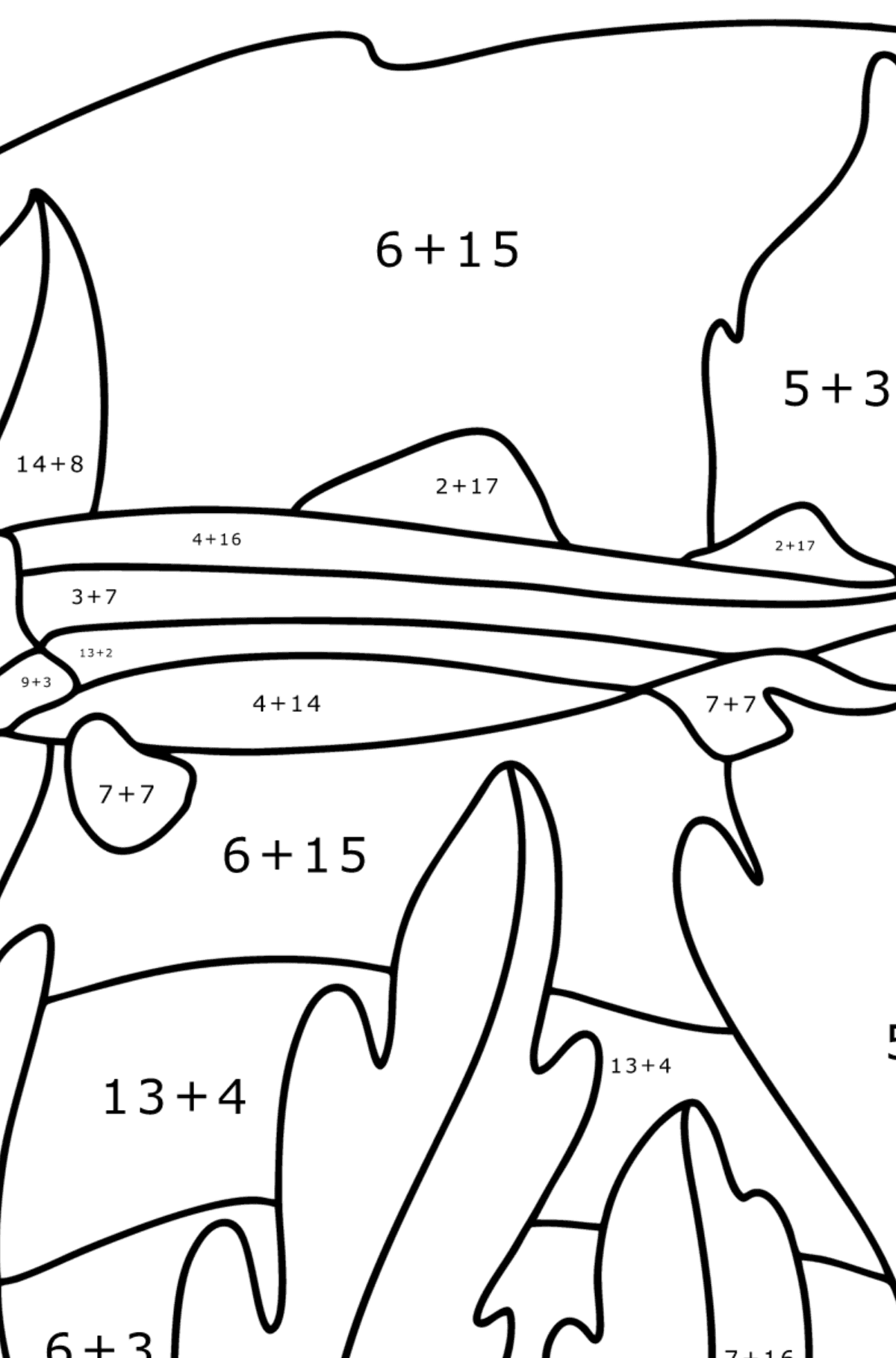 Disegno di Squalo coccodrillo da colorare - Colorazione matematica - Addizione per bambini