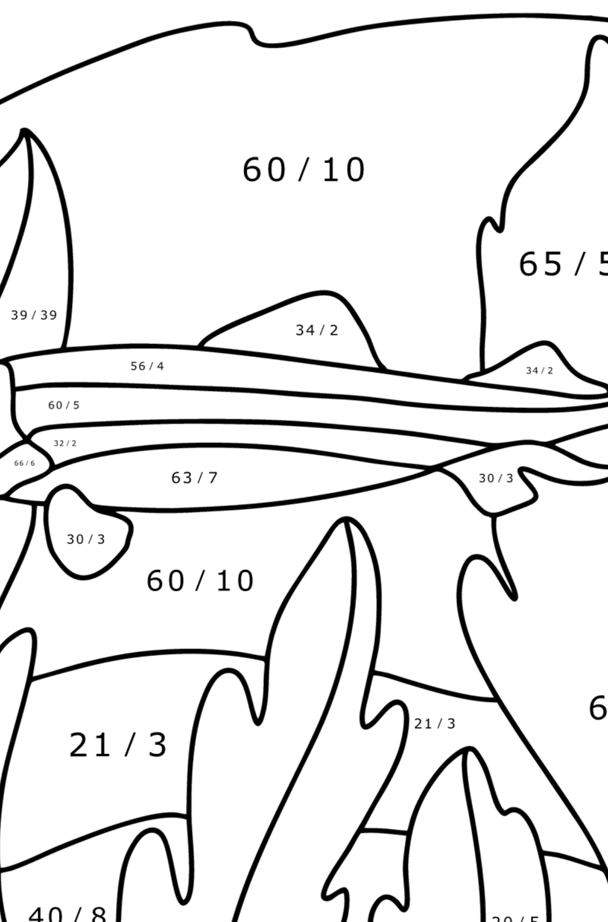 Disegno di Squalo coccodrillo da colorare - Colorazione matematica - Divisione per bambini