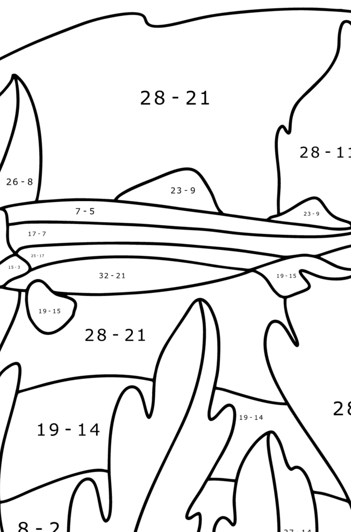 Disegno di Squalo coccodrillo da colorare - Colorazione matematica - Sottrazione per bambini