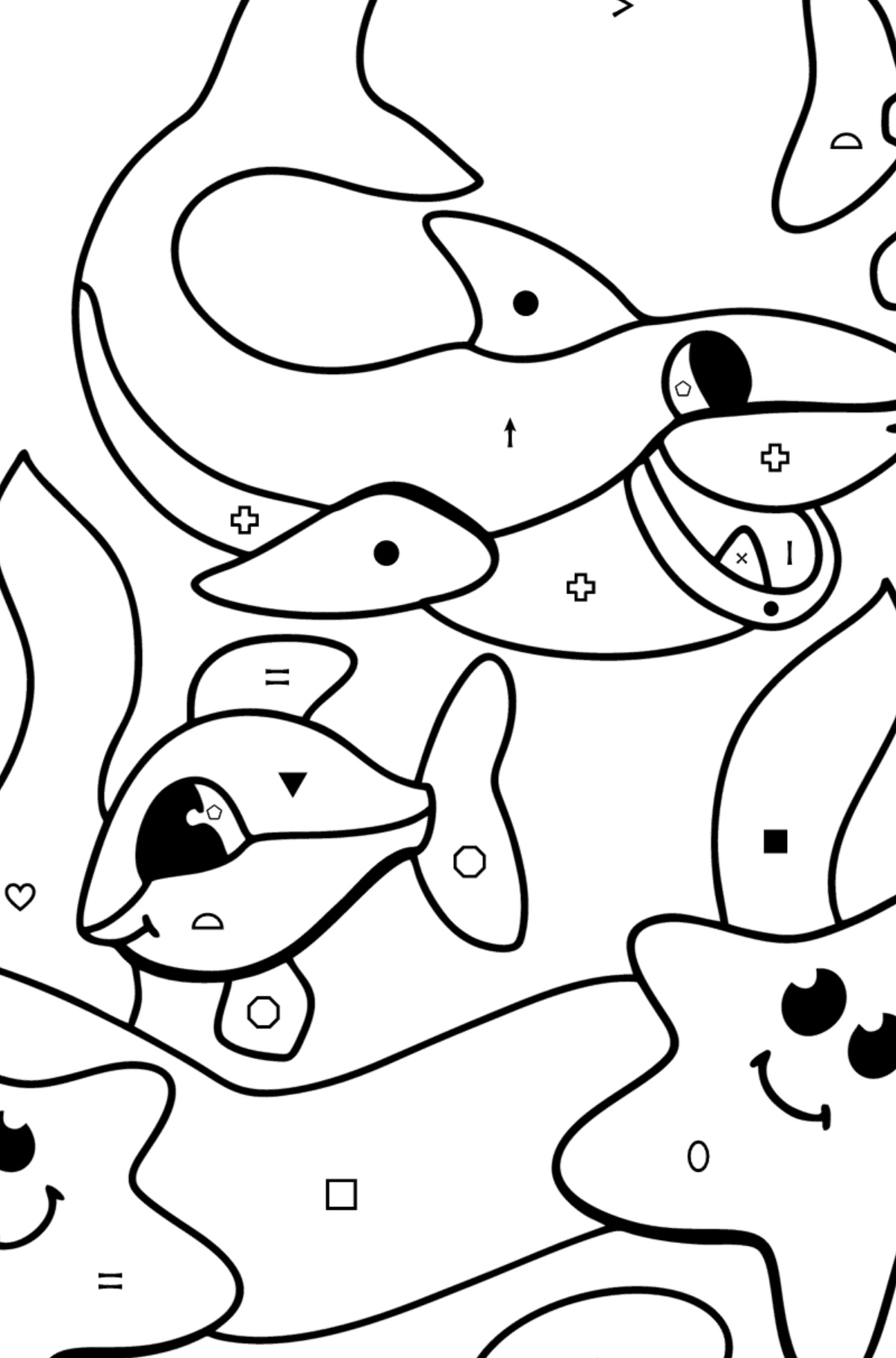 Målarbild söt haj - Färgläggning efter symboler och av geometriska figurer För barn