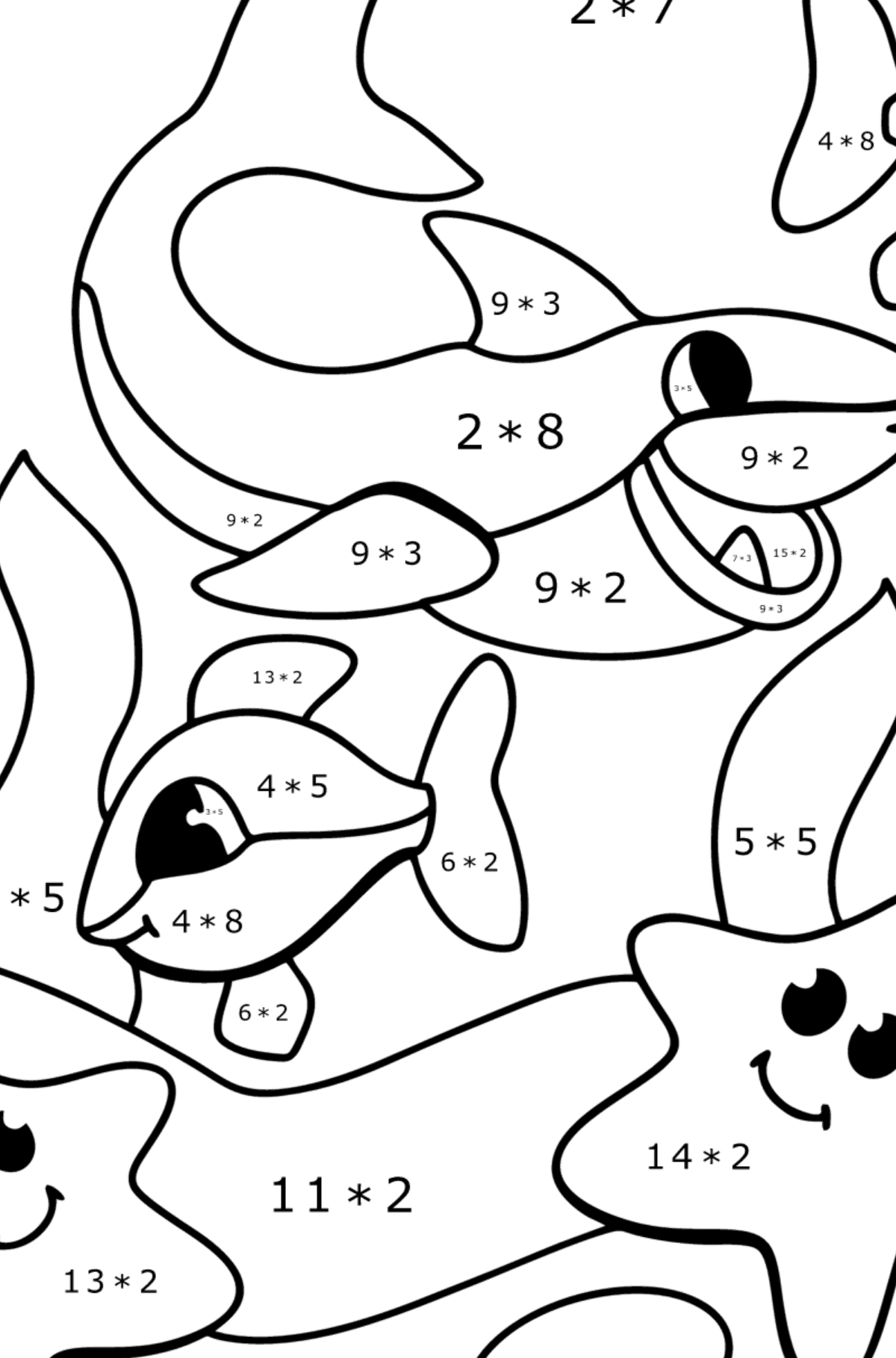 Målarbild söt haj - Matematik Färgläggning - Multiplikation För barn