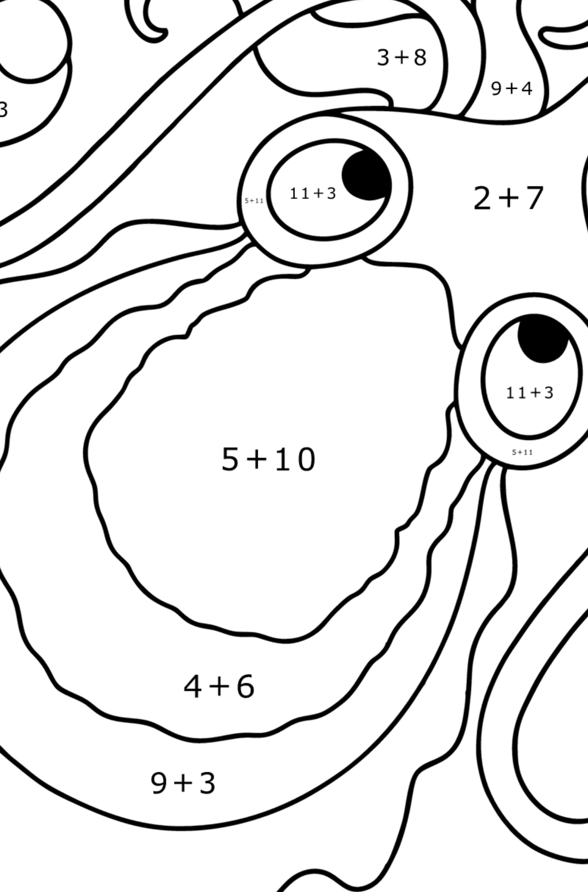 Målarbild söt bläckfisk - Matematik Färgläggning - Addition För barn