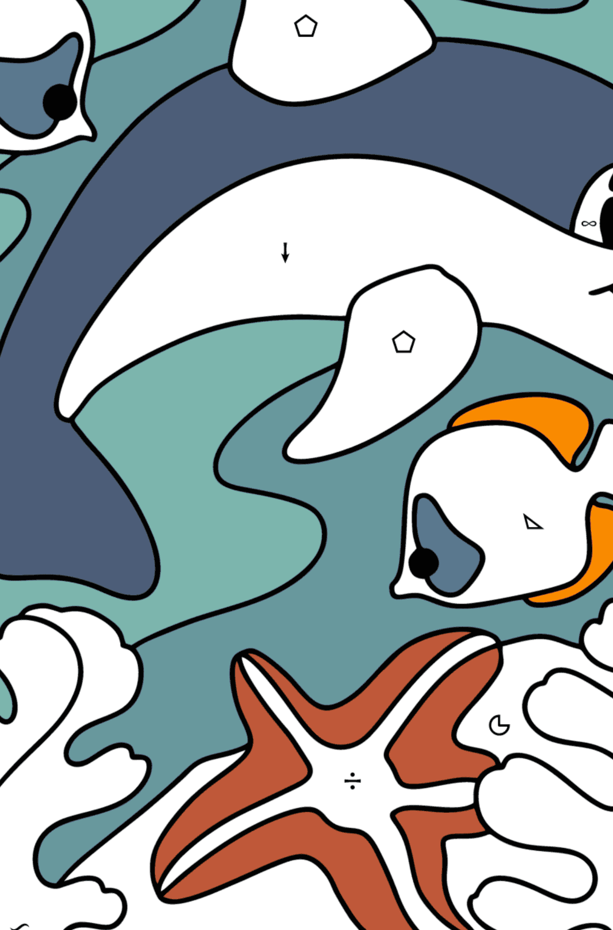 Coloriage Dauphin, étoile de mer et poisson - Coloriage par Symboles pour les Enfants