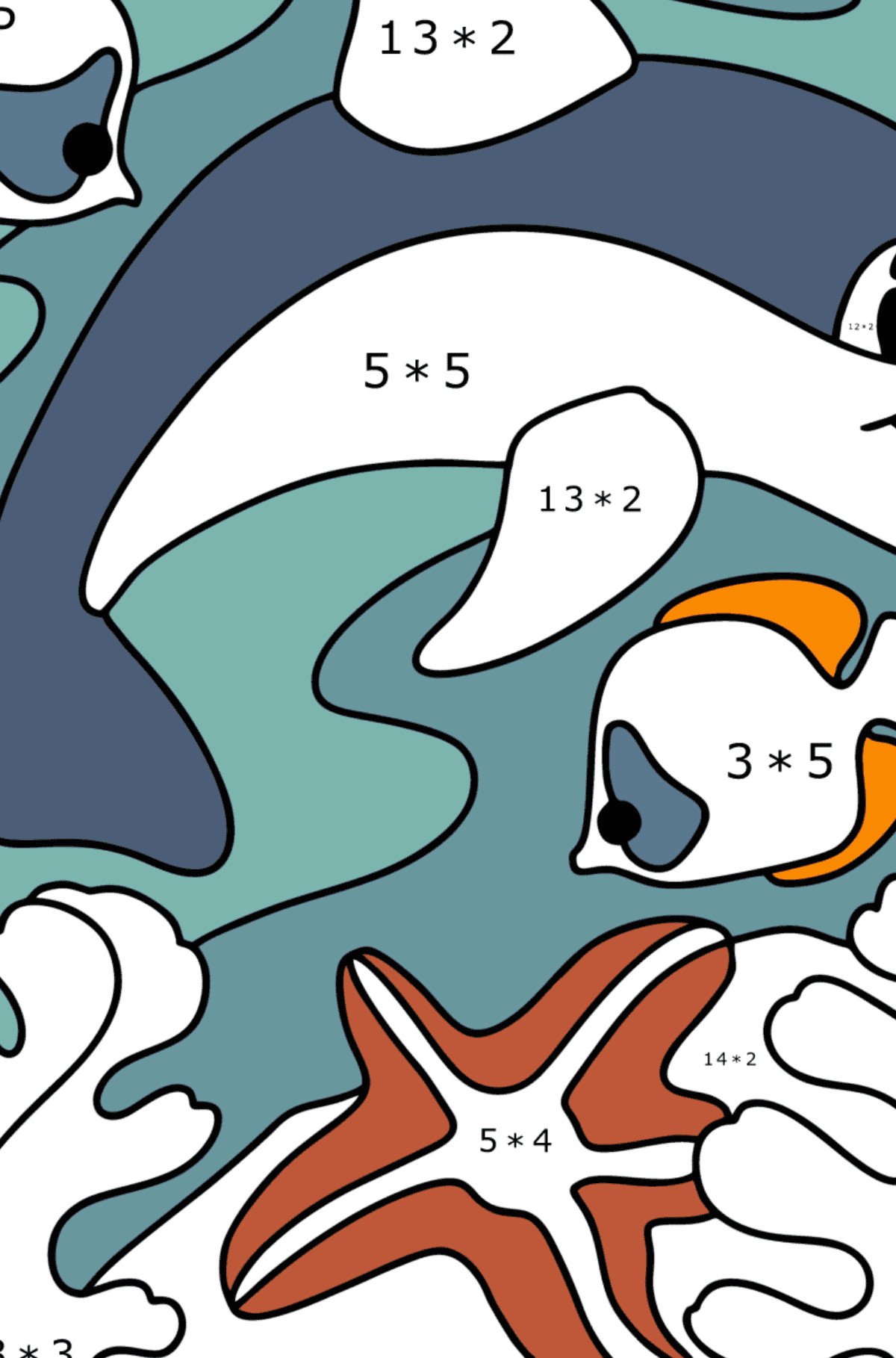 Coloriage Dauphin, étoile de mer et poisson - Coloriage Magique Multiplication pour les Enfants