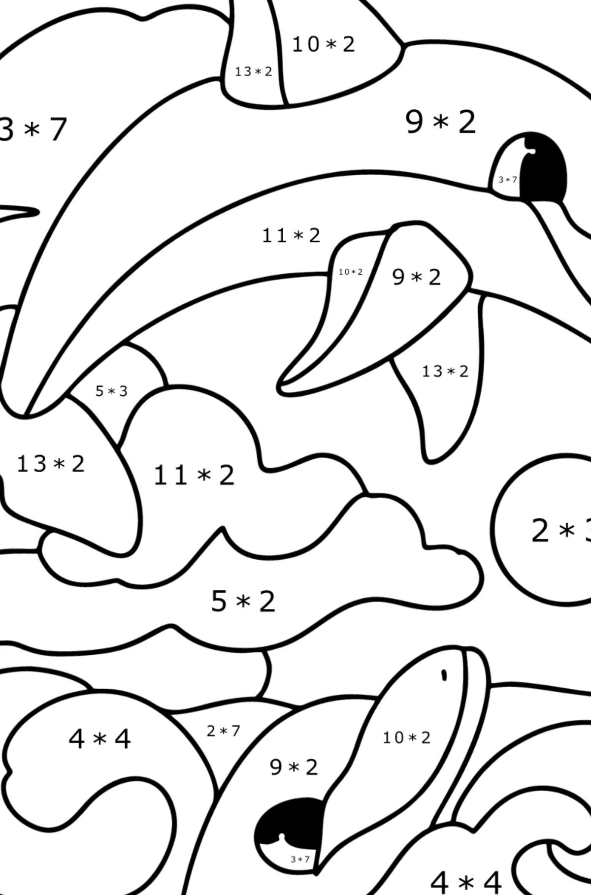 Ausmalbild Delfine - Mathe Ausmalbilder - Multiplikation für Kinder