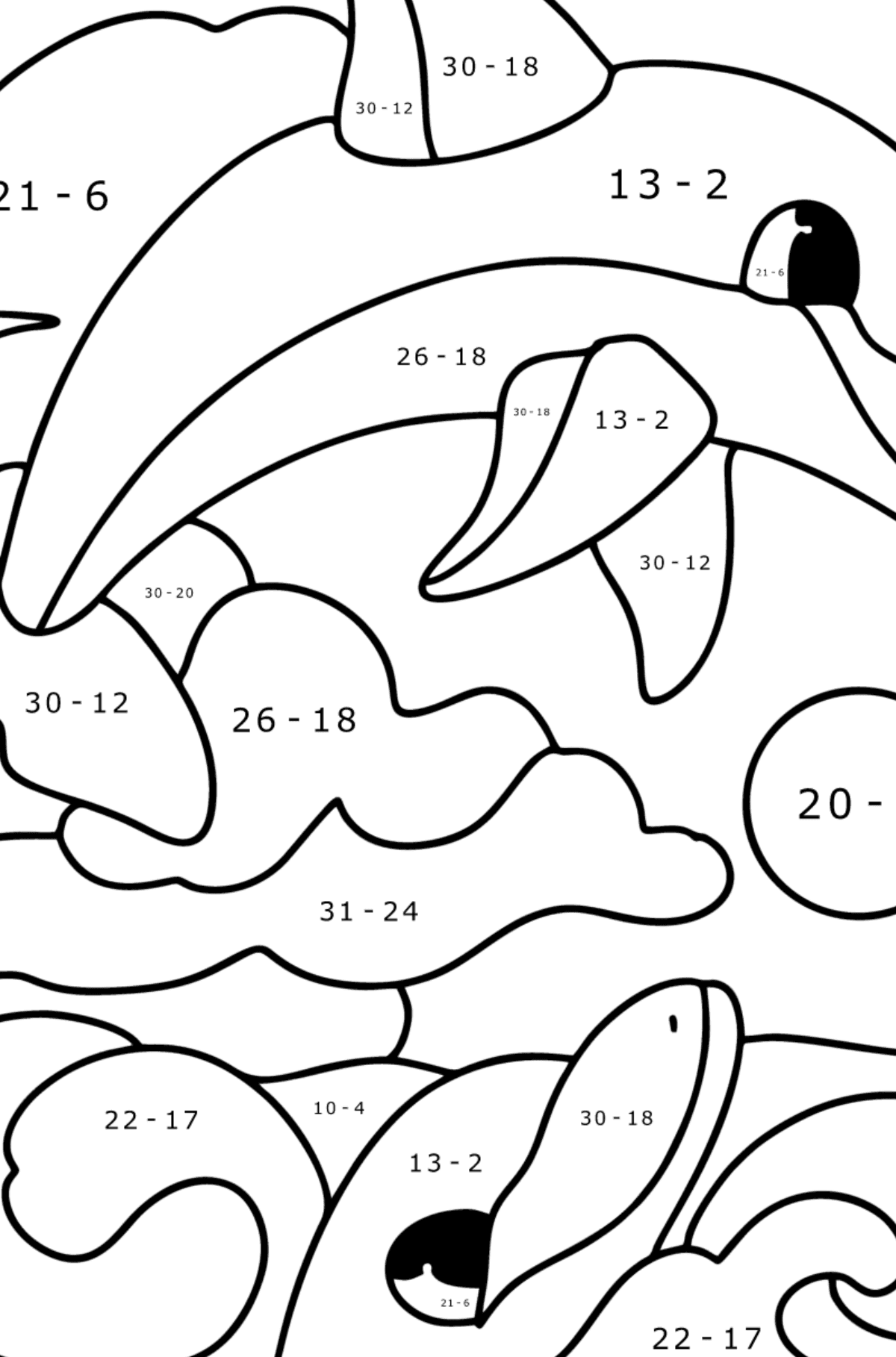 Ausmalbild Delfine - Mathe Ausmalbilder - Subtraktion für Kinder