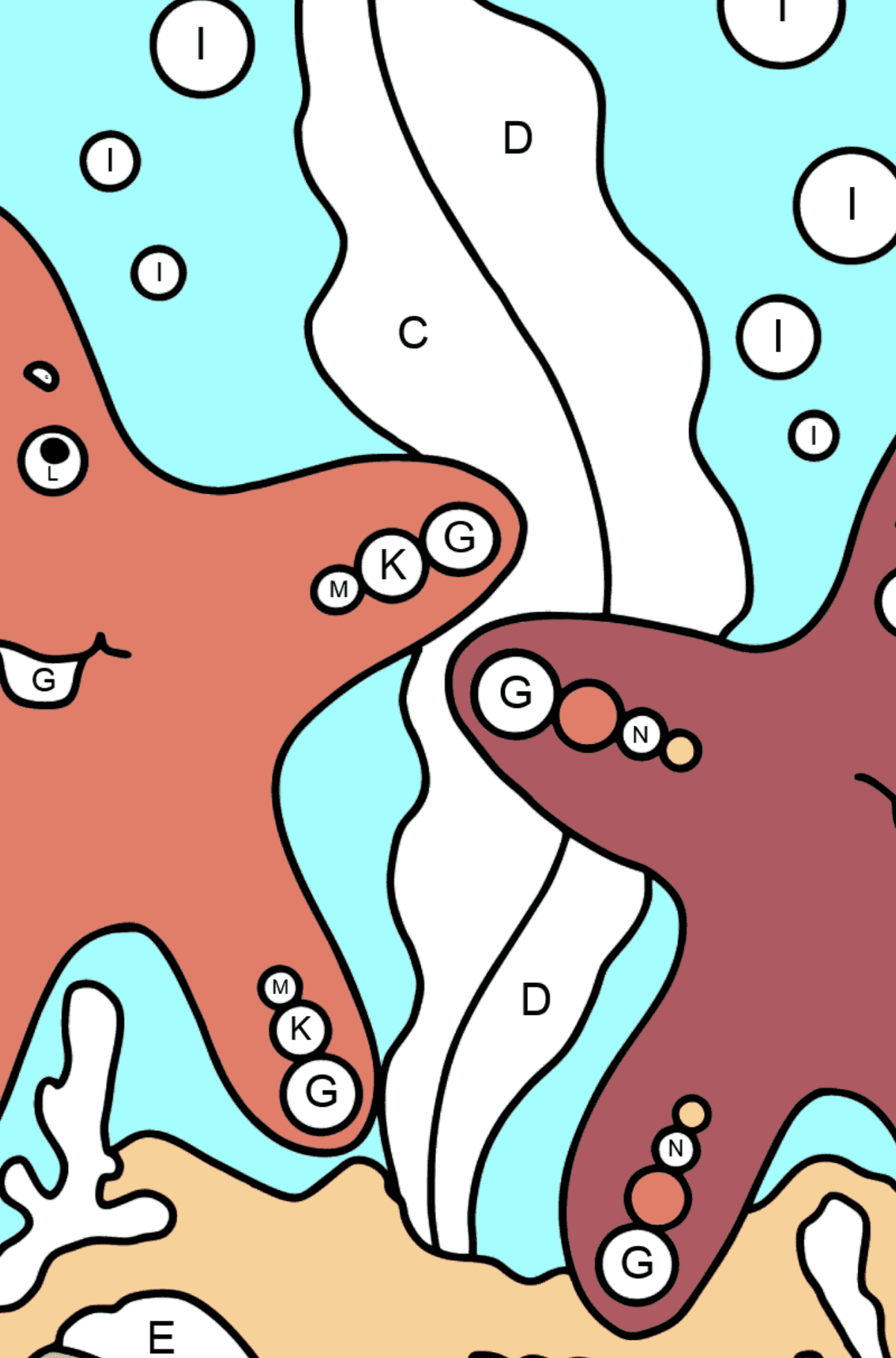 Cute Starfish are Playing Coloring Page - Coloring by Letters for Kids