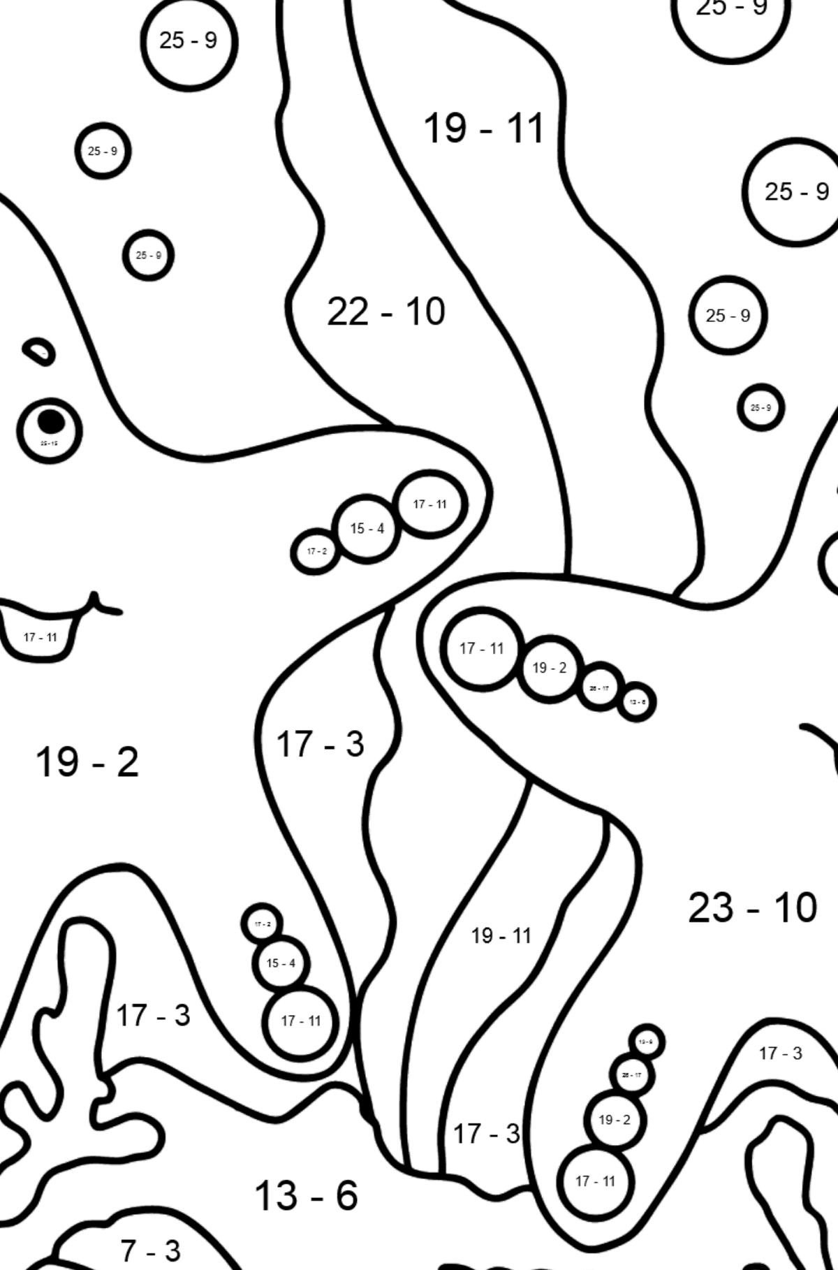 Dibujo para colorear Dos estrellas de mar (difícil) - Colorear con Matemáticas - Restas para Niños