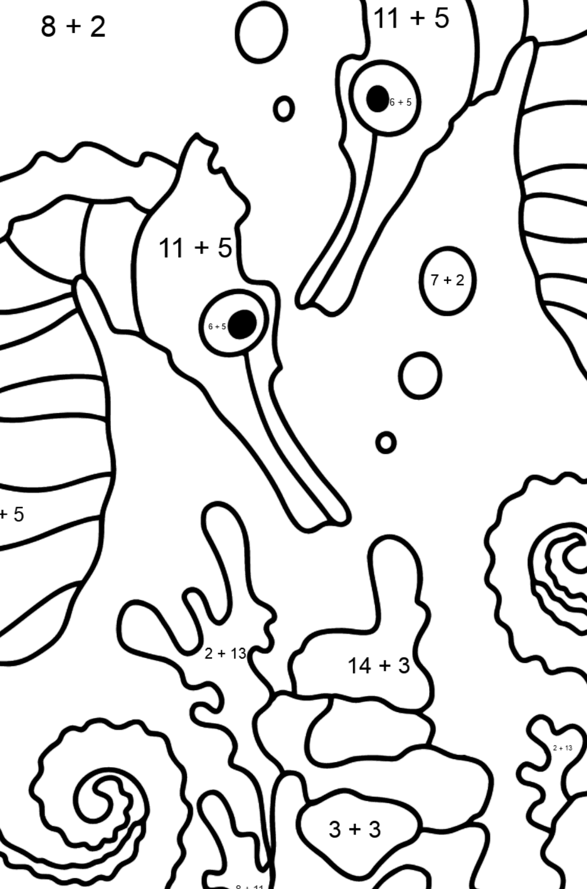 Dibujo para colorear Caballitos de mar - Colorear con Matemáticas - Sumas para Niños