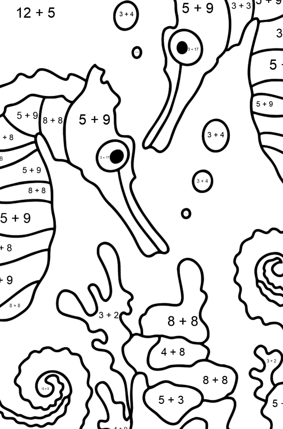 Dibujos para colorear caballitos de mar (difícil) - Colorear con Matemáticas - Sumas para Niños