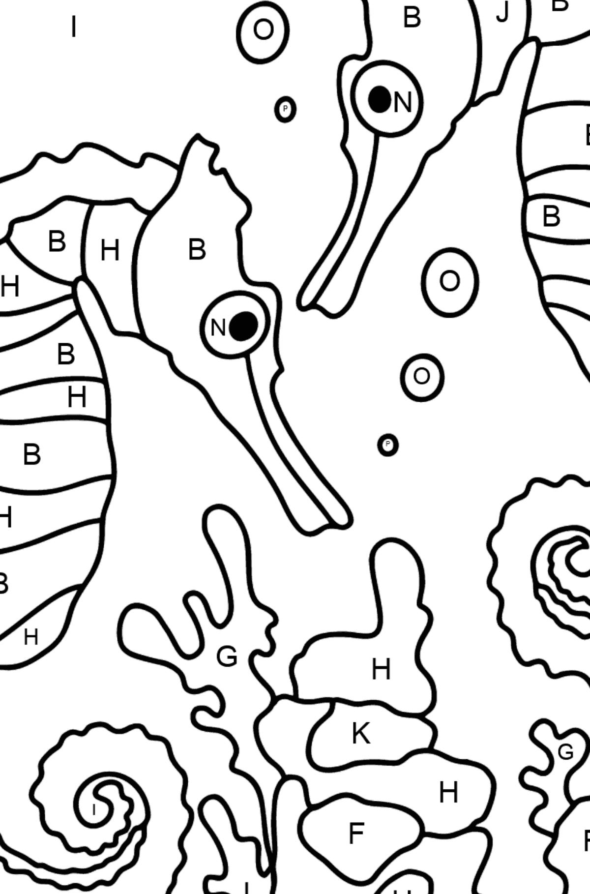 Desenhos para colorir cavalos-marinhos (difícil) - Colorir por Letras para Crianças