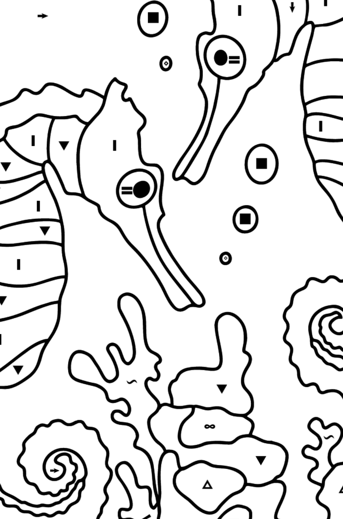 Dibujos para colorear caballitos de mar (difícil) - Colorear por Símbolos para Niños