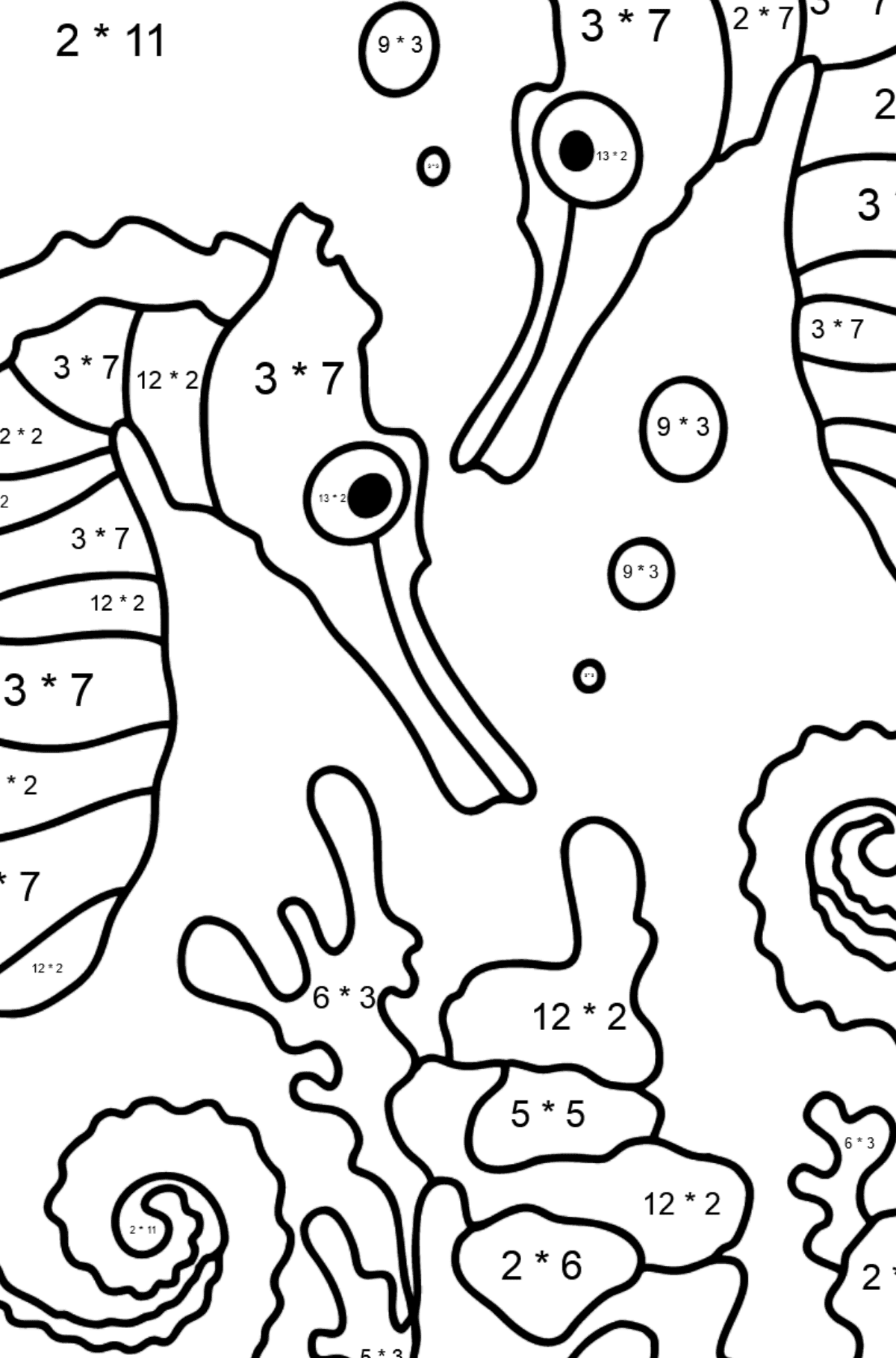 Dibujos para colorear caballitos de mar (difícil) - Colorear con Matemáticas - Multiplicaciones para Niños