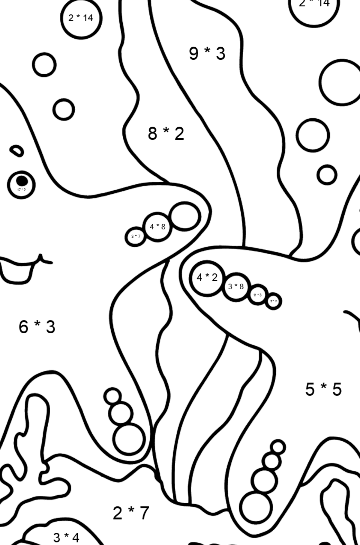 Värityskuva kaksi meritähtiä - Matemaattinen Värityskirja - Kertolasku lapsille