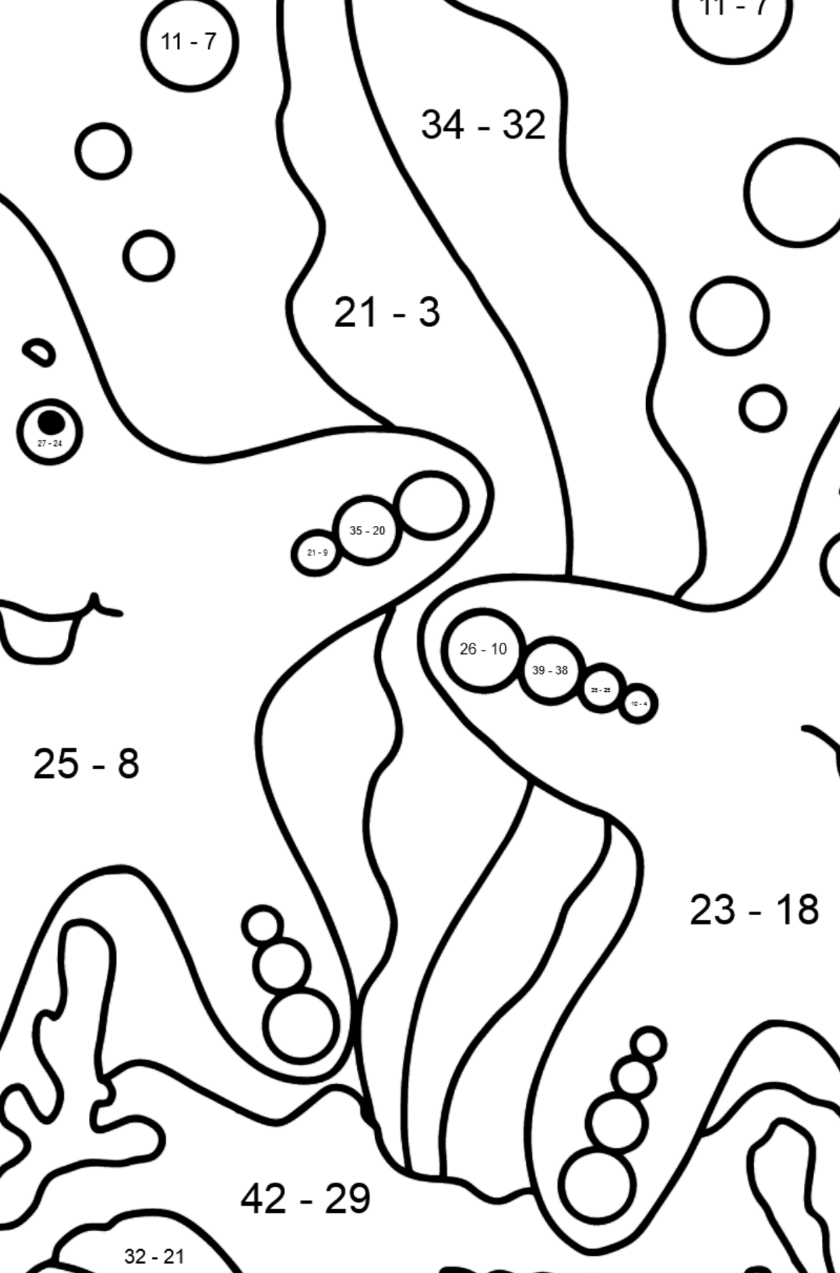 Dibujo para colorear Dos estrellas de mar - Colorear con Matemáticas - Restas para Niños