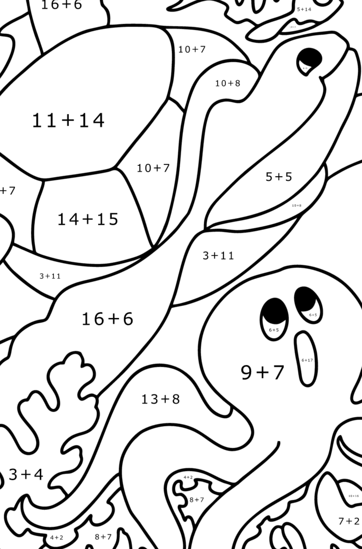 Fish, Turtle, Crab and Octopus coloring page - Math Coloring - Addition for Kids
