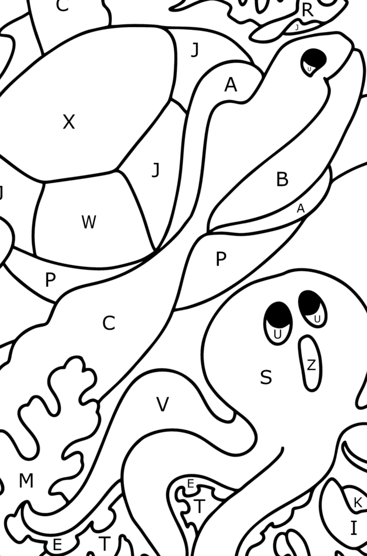 Fish, Turtle, Crab and Octopus coloring page - Coloring by Letters for Kids