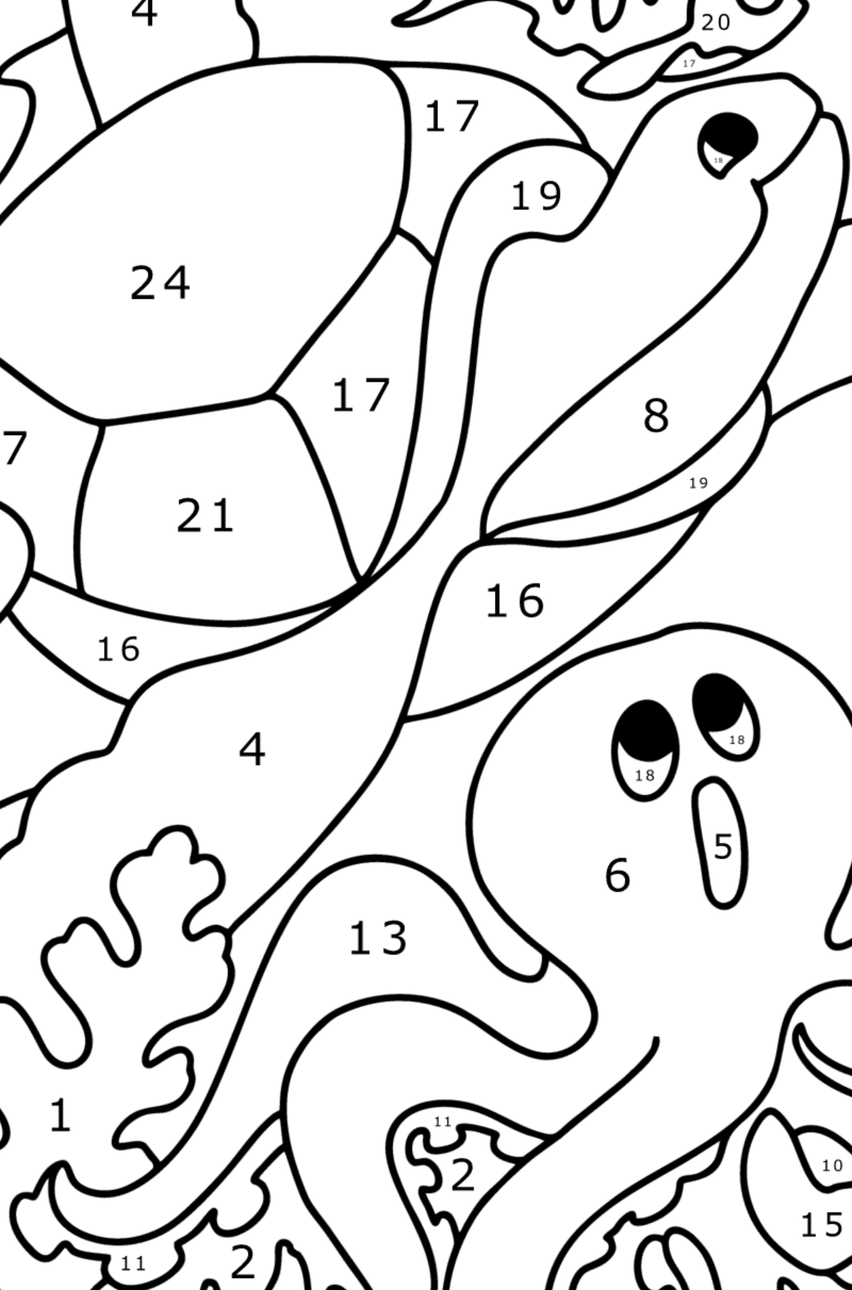 Disegno di Pesce, tartaruga, granchio e polpo da colorare - Colorare per numero per bambini