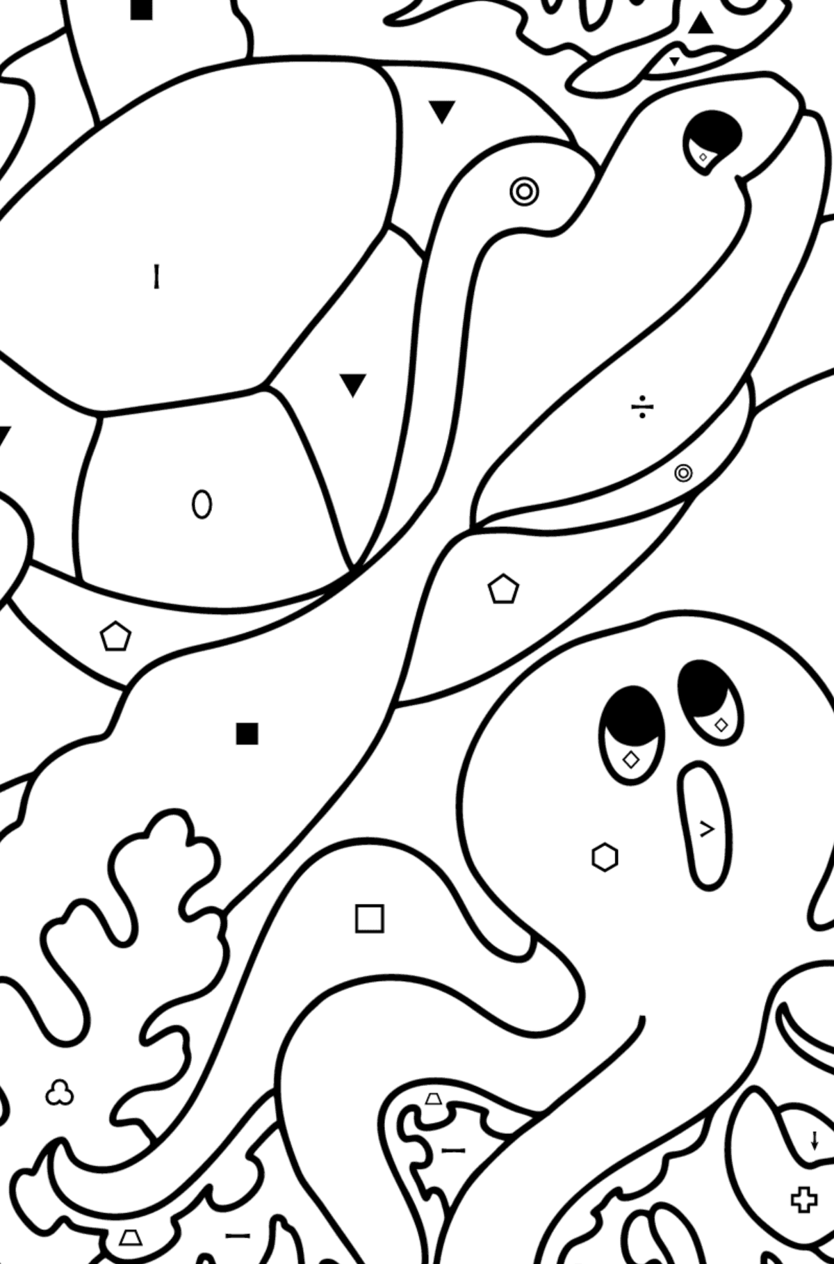 Fish, Turtle, Crab and Octopus coloring page - Coloring by Symbols and Geometric Shapes for Kids