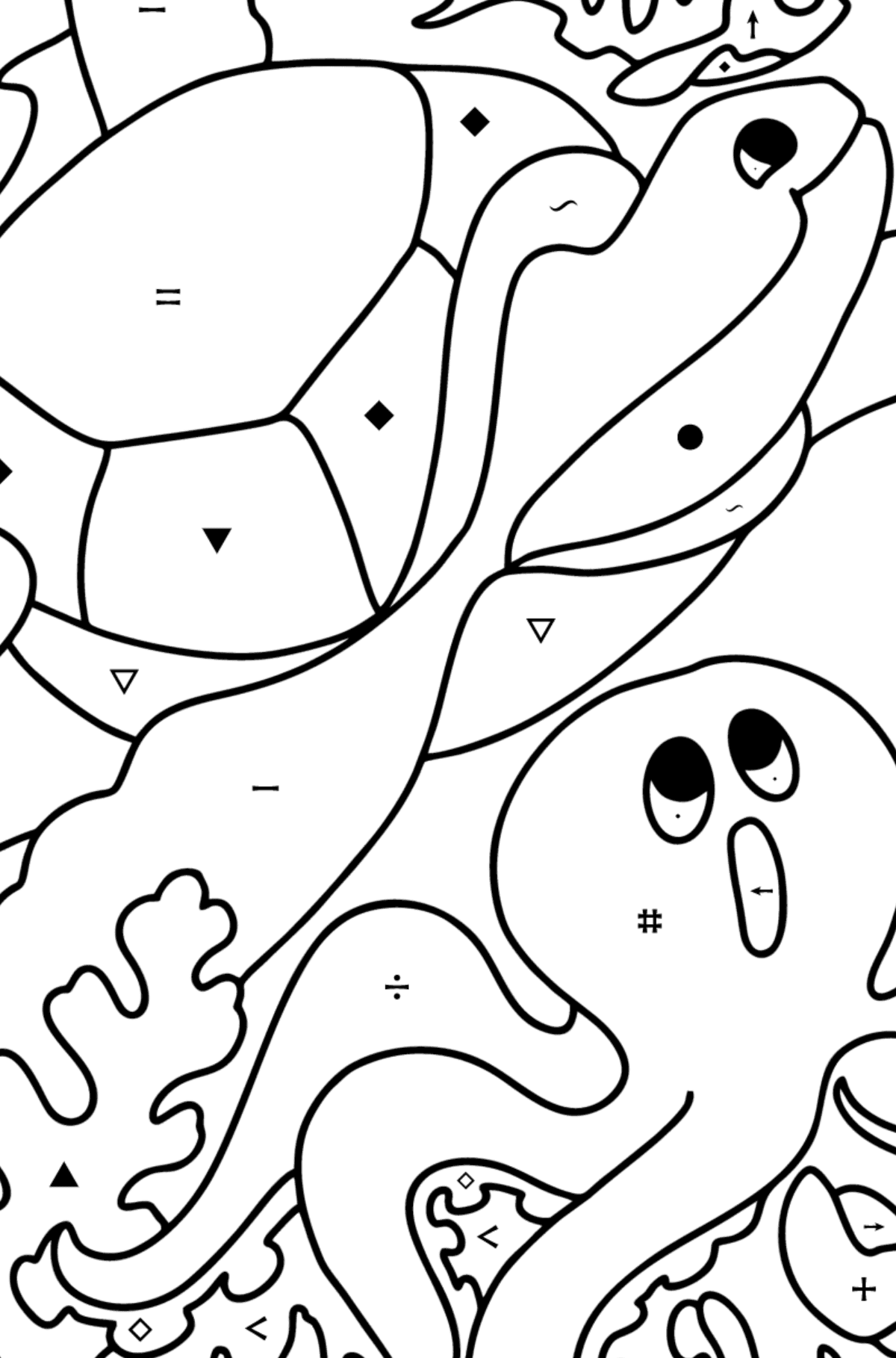 Fish, Turtle, Crab and Octopus coloring page - Coloring by Symbols for Kids