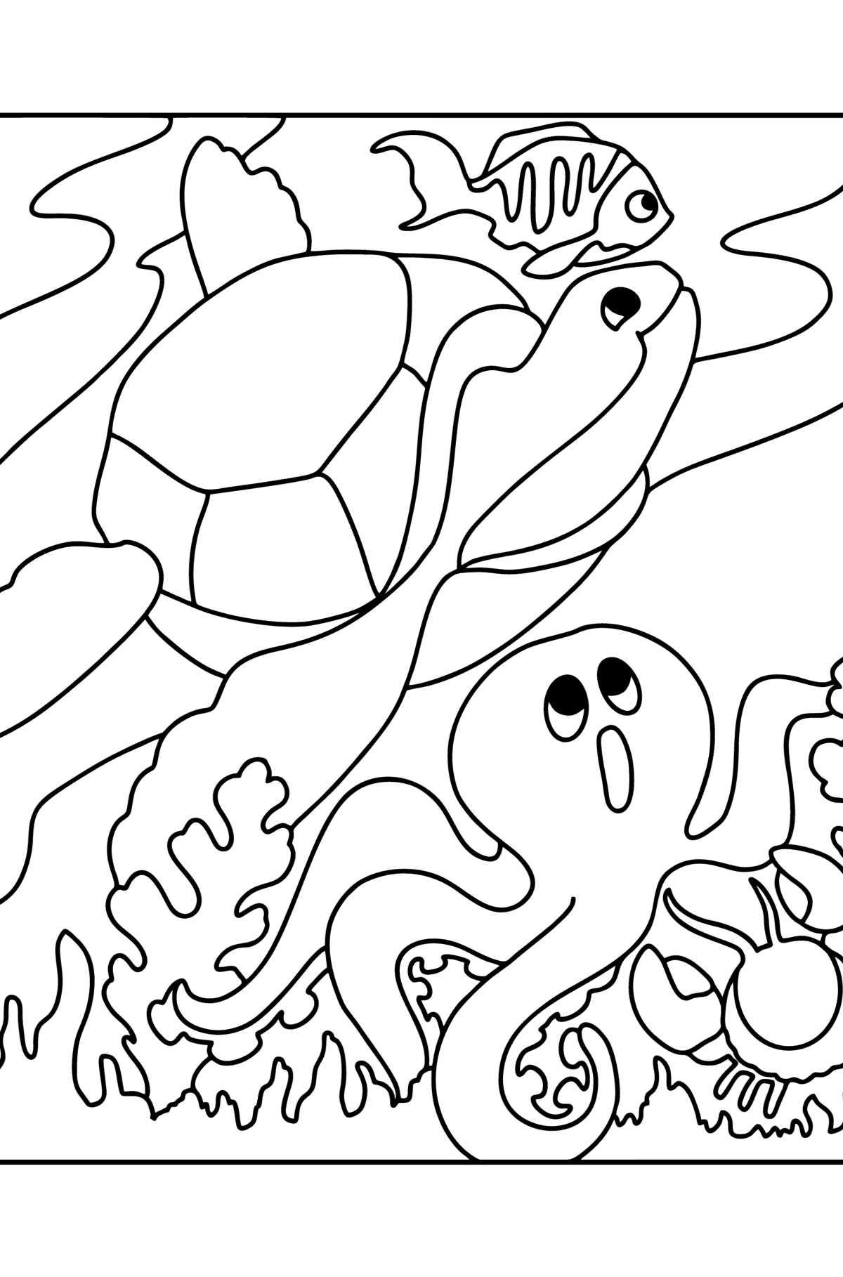 Розмальовка Рибка, Черепашка, Краб І Восьминіг - Розмальовки для дітей