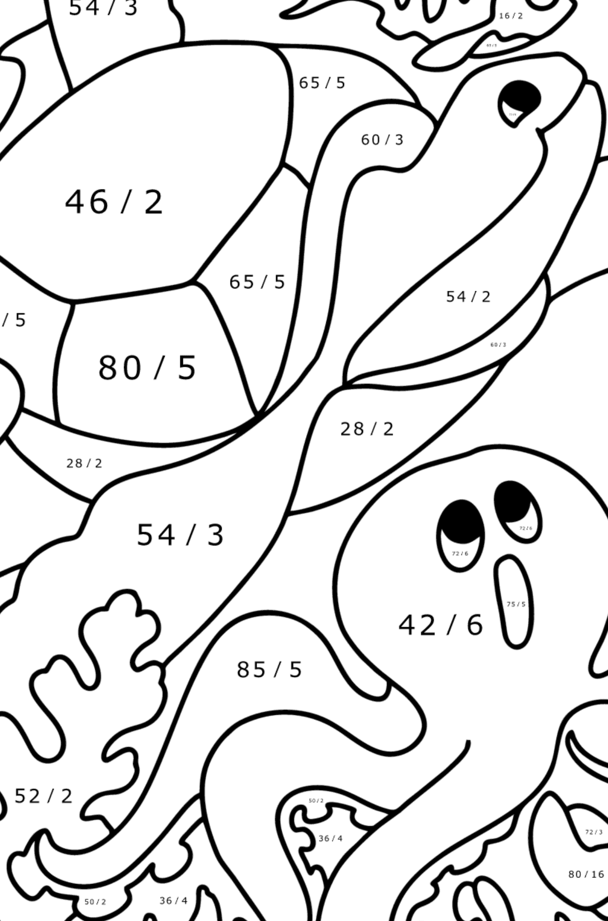 Disegno di Pesce, tartaruga, granchio e polpo da colorare - Colorazione matematica - Divisione per bambini