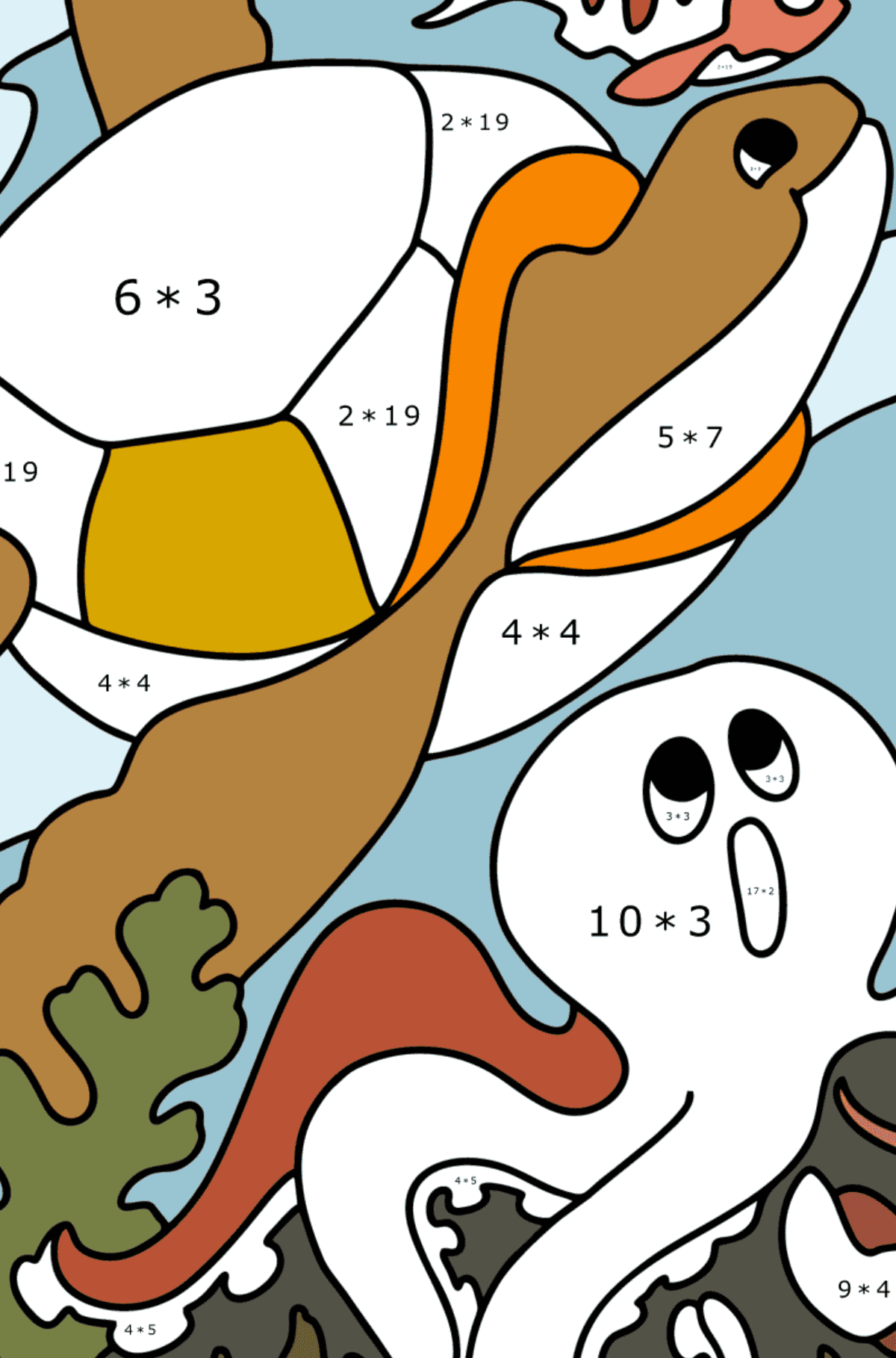 Dibujo de Pescado, Tortuga, Cangrejo y Pulpo para colorear - Colorear con Matemáticas - Multiplicaciones para Niños