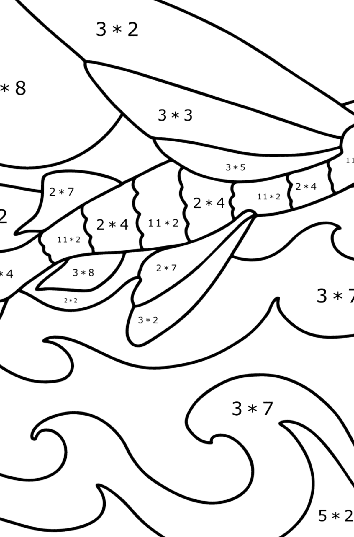 Tegning til fargelegging flyvende fisk - Matematisk fargeleggingsside - multiplisering for barn