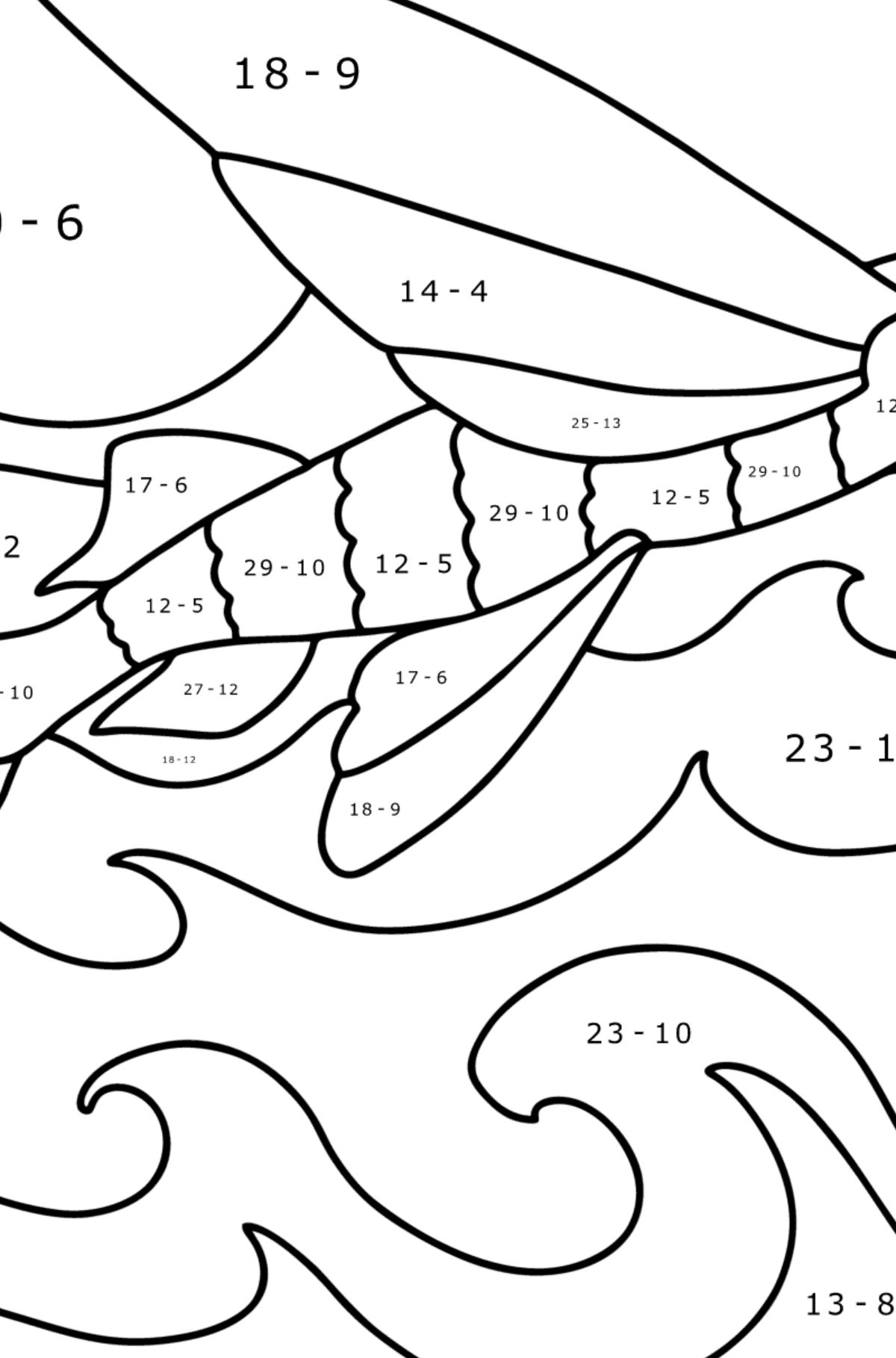 Ausmalbild Fliegender Fisch - Mathe Ausmalbilder - Subtraktion für Kinder