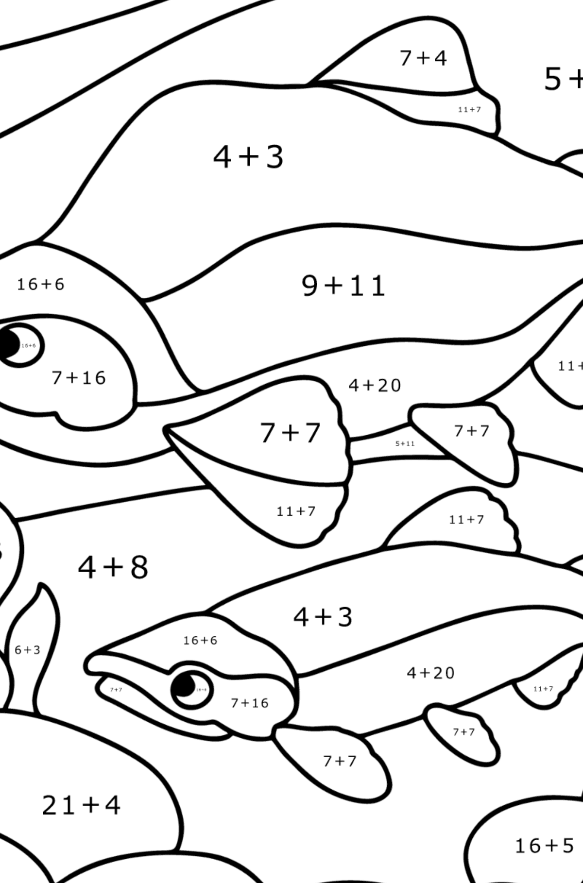 Ausmalbild Roter Lachs - Mathe Ausmalbilder - Addition für Kinder
