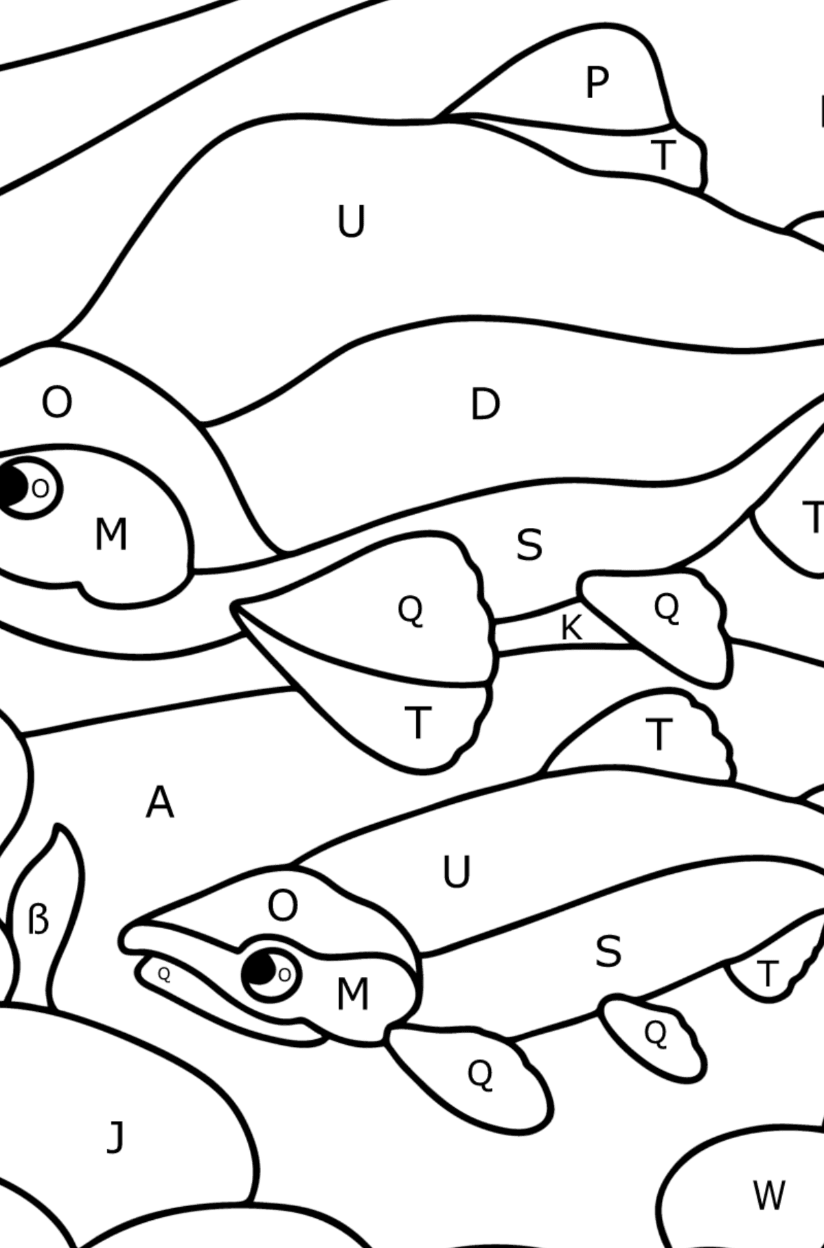 Ausmalbild Roter Lachs - Ausmalen nach Buchstaben für Kinder