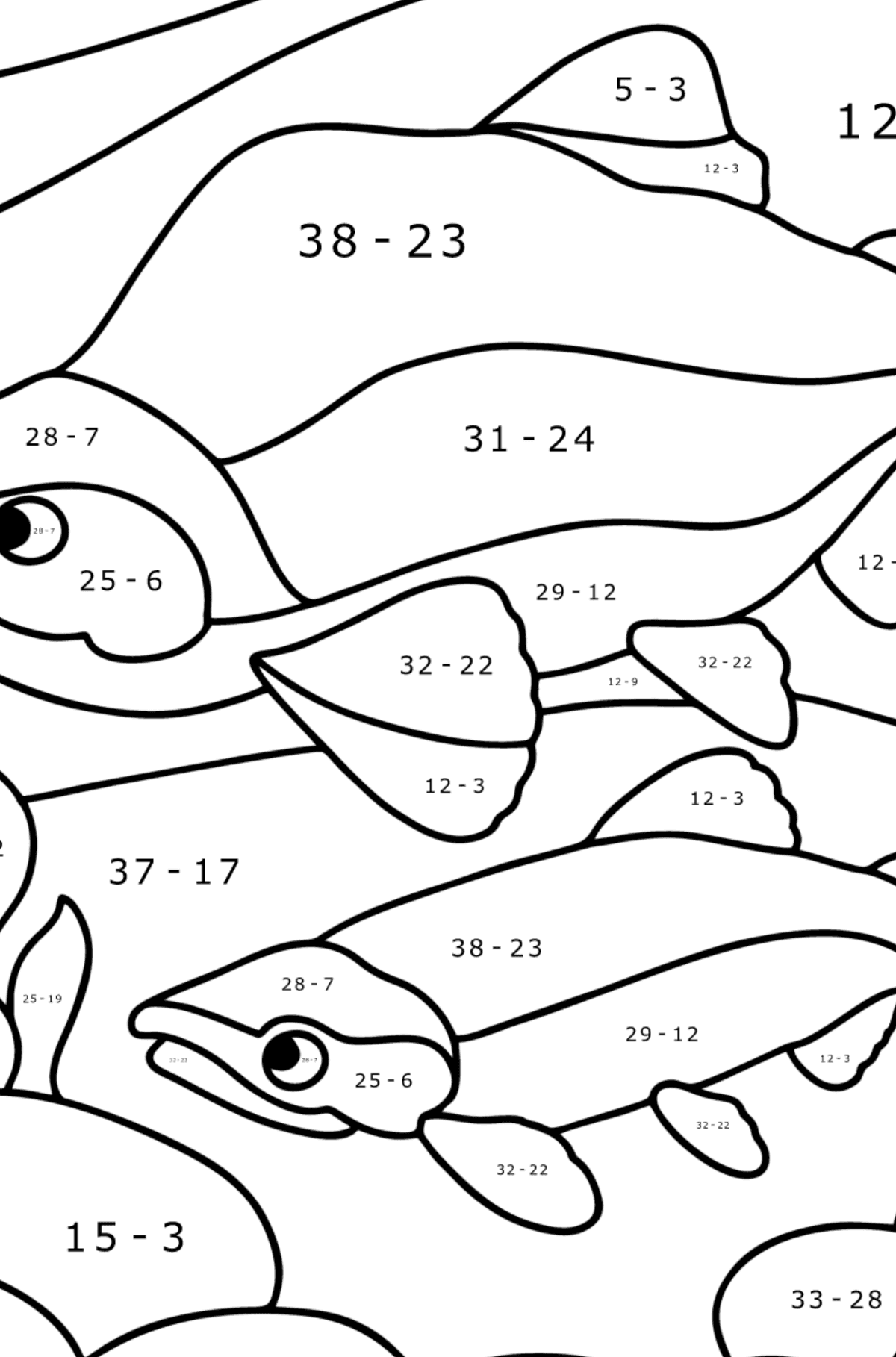Ausmalbild Roter Lachs - Mathe Ausmalbilder - Subtraktion für Kinder
