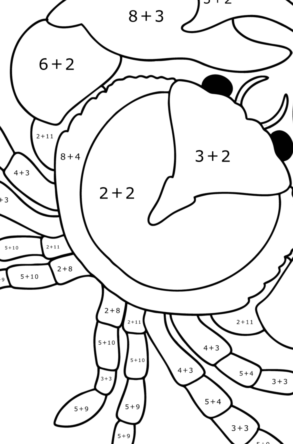 Ausmalbild Seekrabbe - Mathe Ausmalbilder - Addition für Kinder