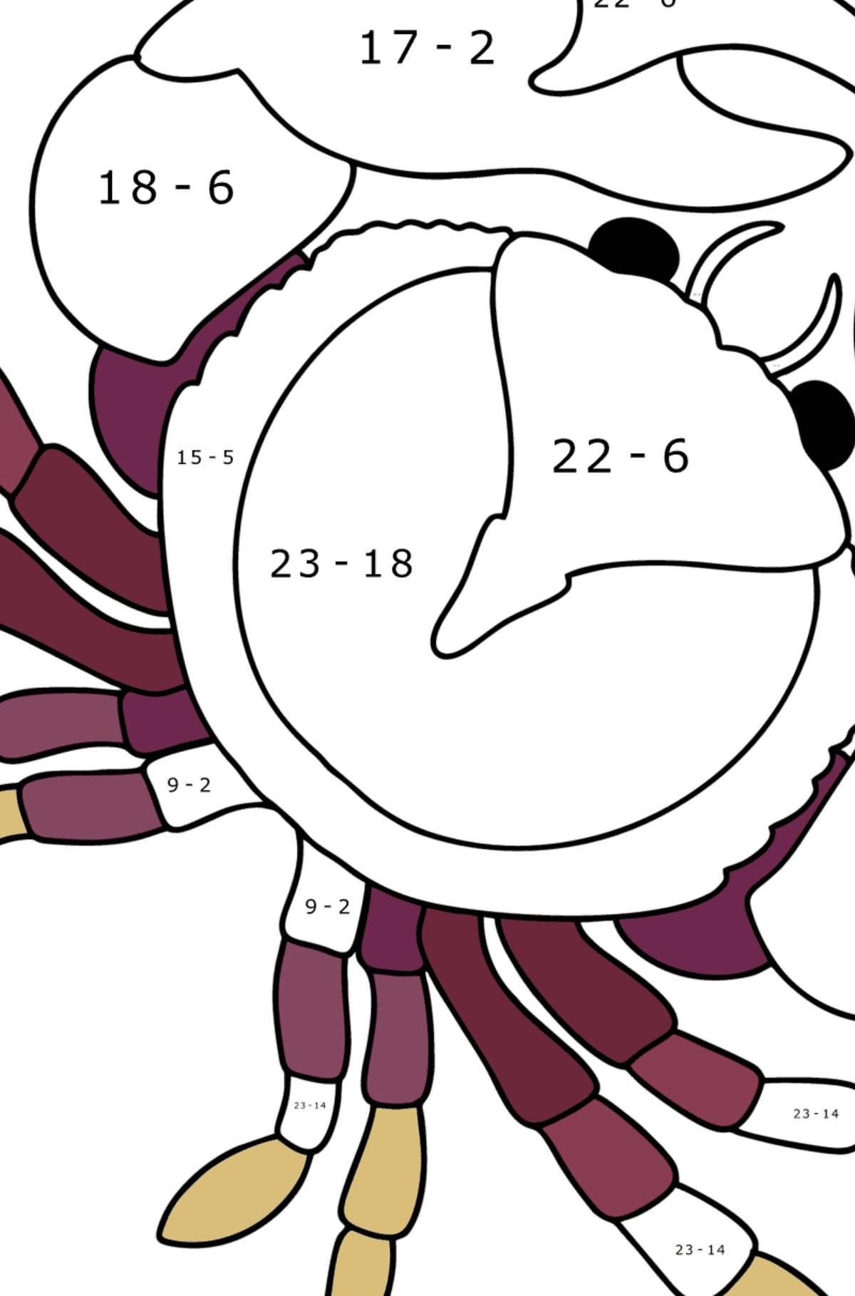 Dibujo de Cangrejo de mar para colorear - Colorear con Matemáticas - Restas para Niños