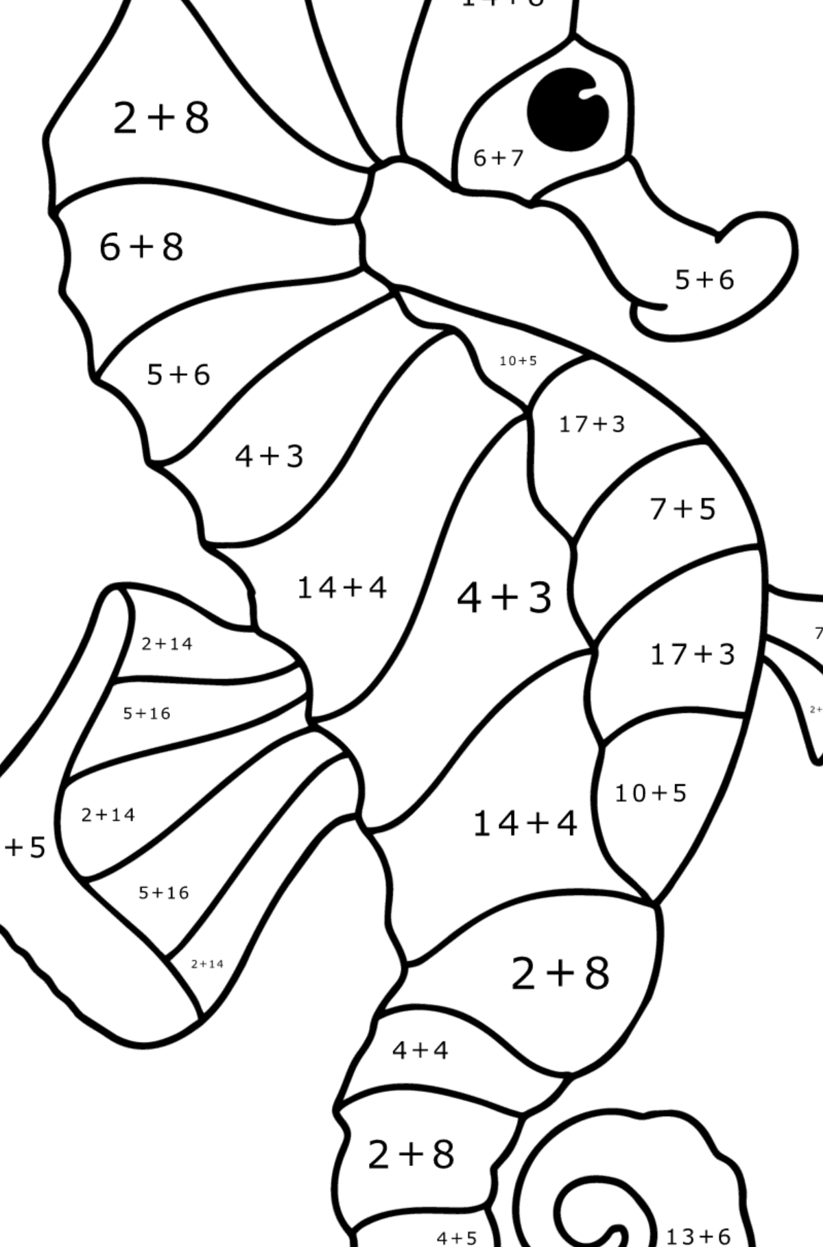Ausmalbild Seepferdchen - Mathe Ausmalbilder - Addition für Kinder