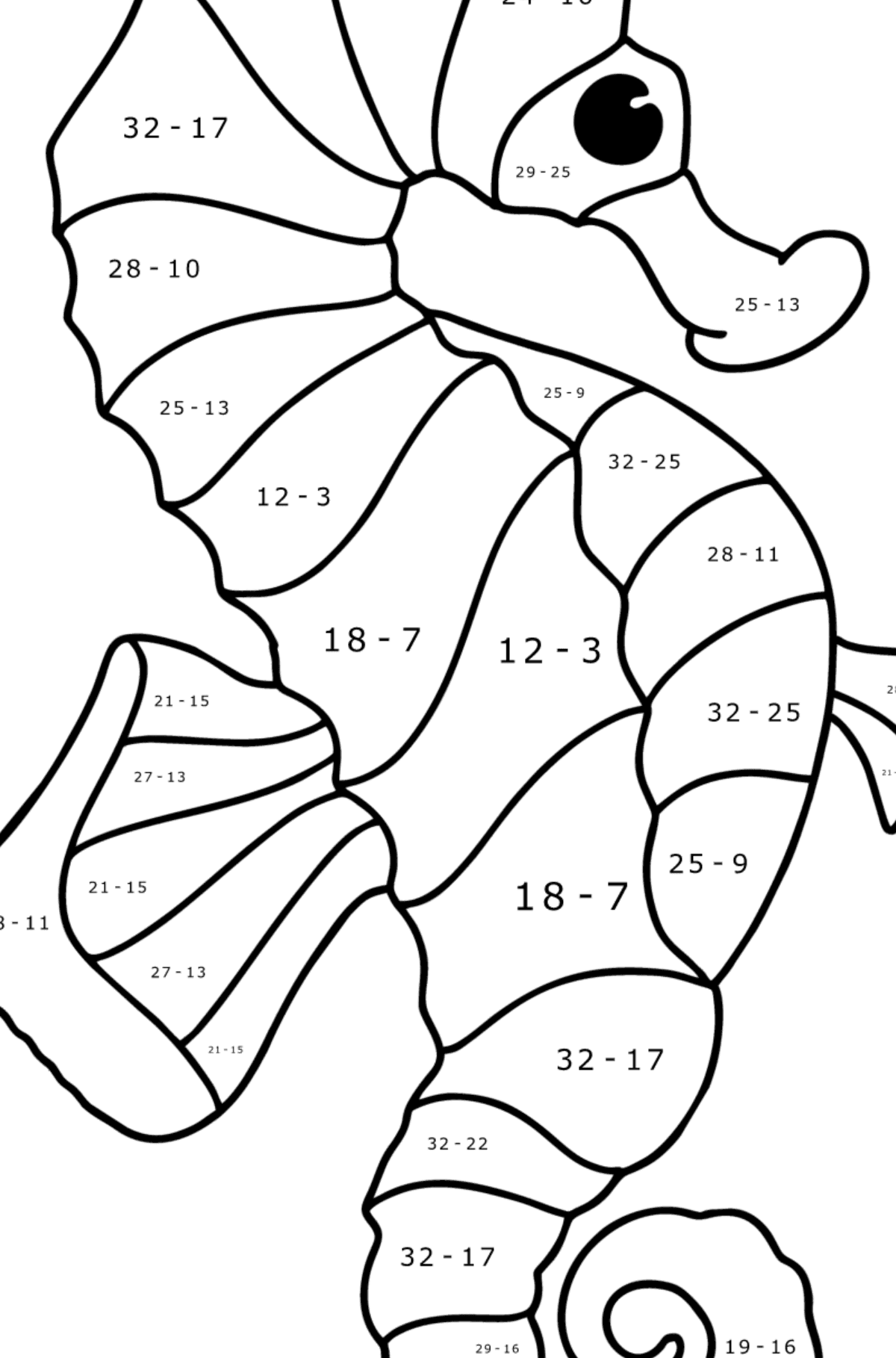 Ausmalbild Seepferdchen - Mathe Ausmalbilder - Subtraktion für Kinder
